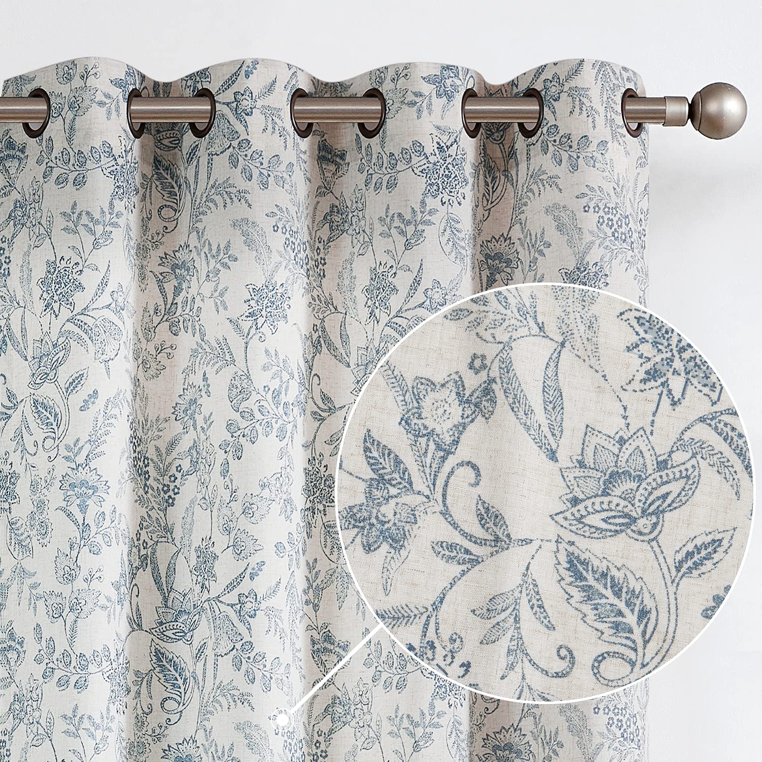 Lazzzy Linen Farmhouse Curtains for Living Room 84 Inch Length Semi Floral Print Window Curtain Drapes for Bedroom Country Light Filtering Curtain Grommet Top 2 Panels Blue on Beige