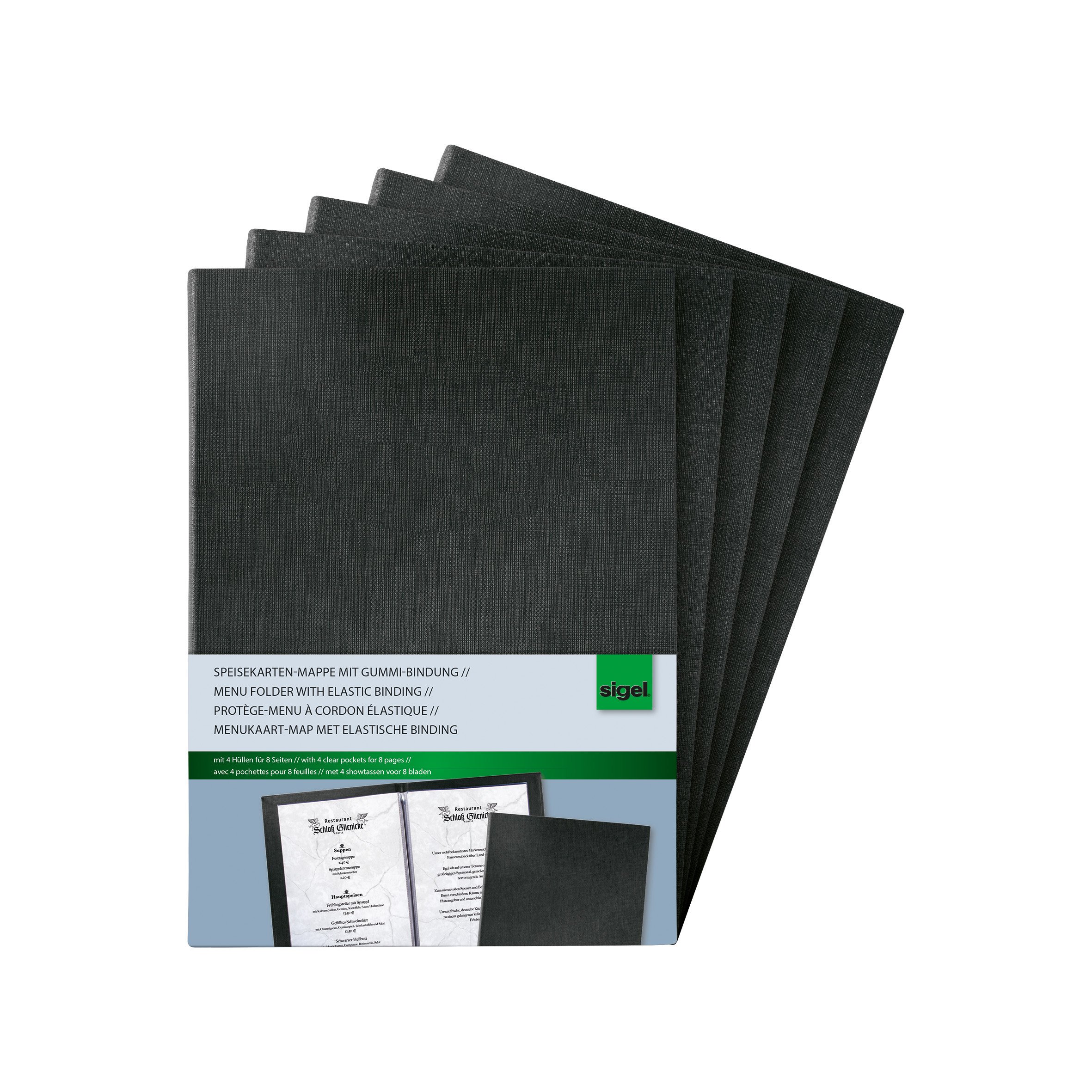 SIGEL SM115 Menu Cover with elastic binding, for A5, Black, 5 Pieces