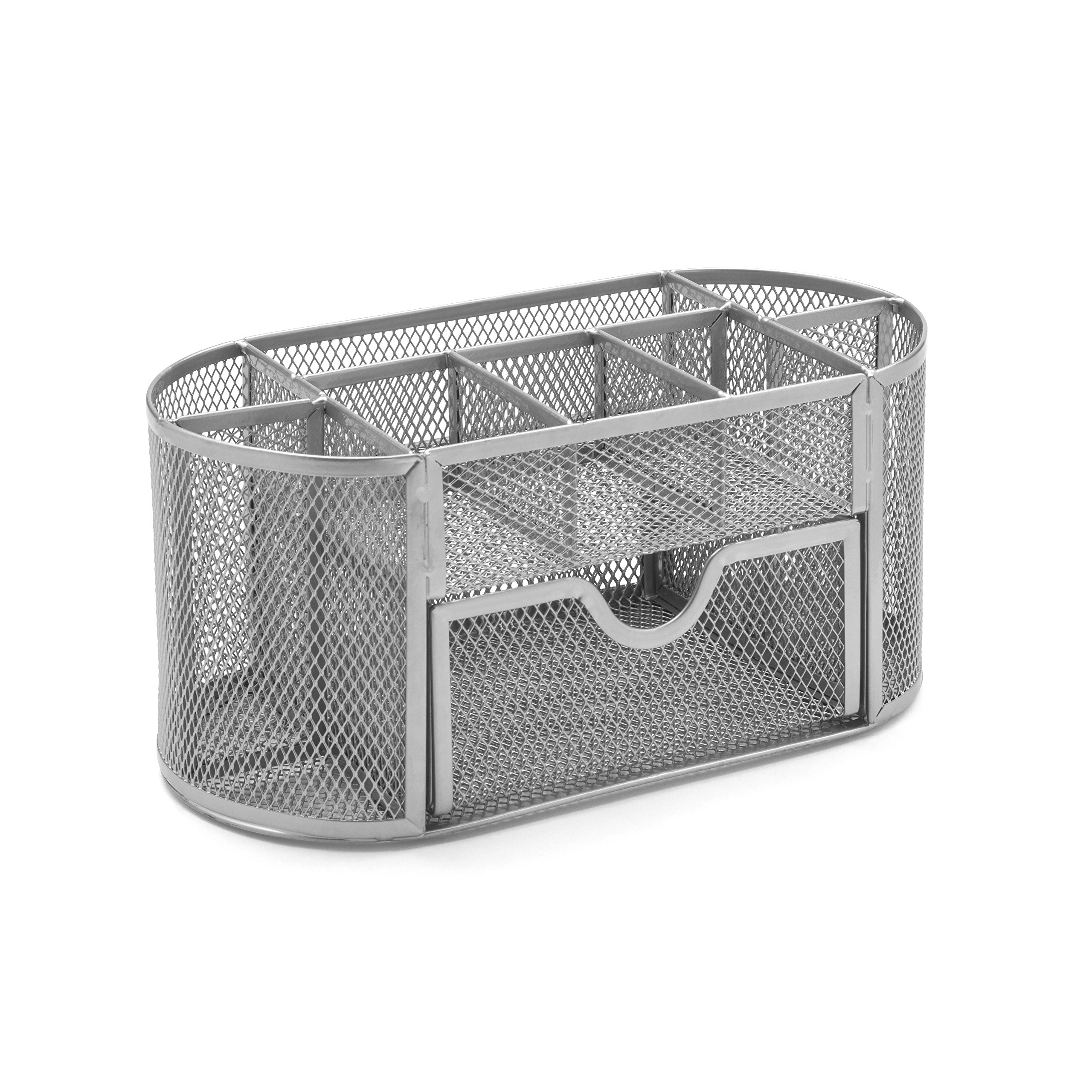 OSCO Wire-Mesh Desk Organiser with Drawer – 8 Compartment Metal Mesh Desk Tidy & Office Storage Pen Holder for Home, Office, Study, Rulers, Scissors, Smartphone – Silver