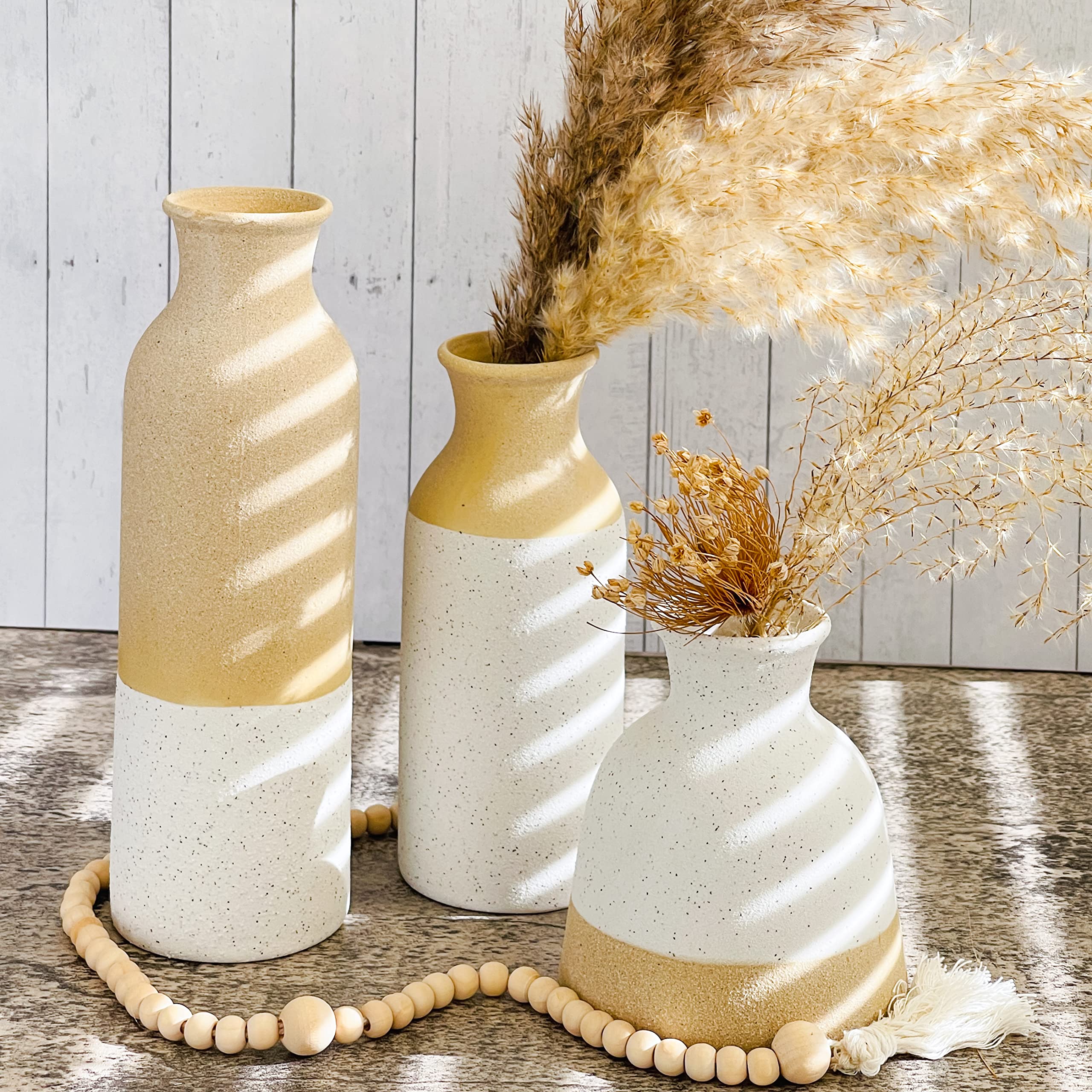 Modern Farmhouse Vases (Set of 3) - Boho Vases for Pampas Grass, Eucalyptus, Dry Flowers & Plants | Shelf Decoration, Mantel Decor, Table Centerpiece