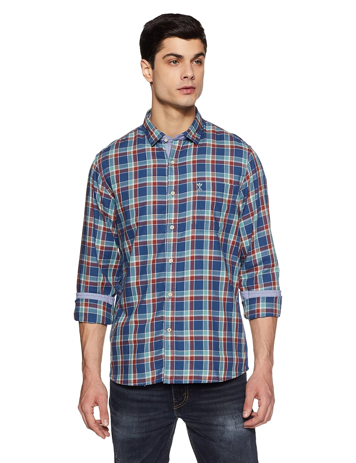 arrow jeans men's checkered slim fit cotton casual shirt