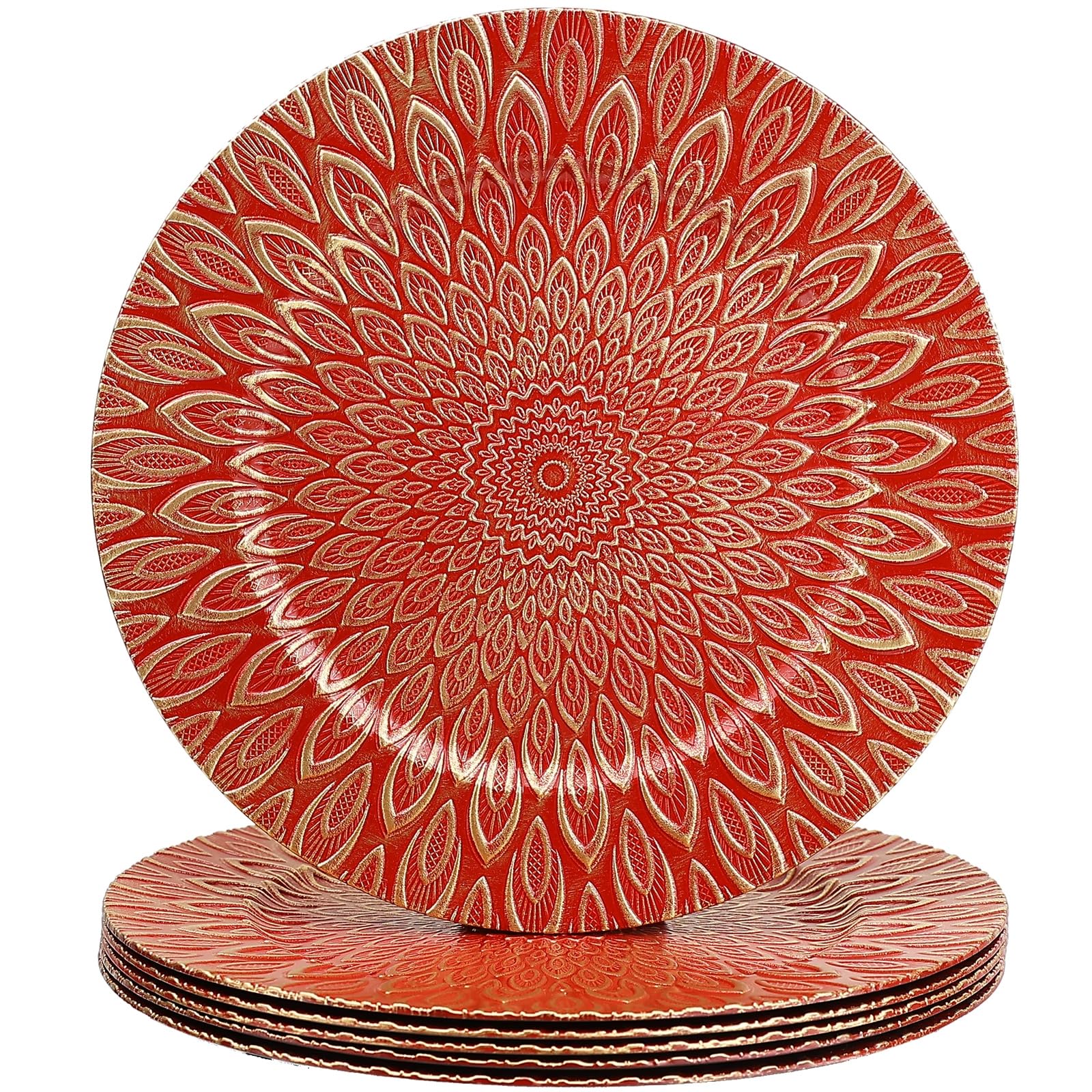 SforGUVA Red Charger Plates, 13 Inch Set of 6 Plastic Peacock Chargers for Dinner Plates,Table Settings, Easter, Thanksgiving, Christmas Party, Family Gathering.