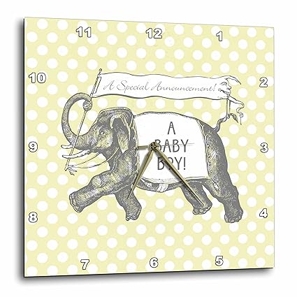 3dRose DPP_220176_3 Vintage Elephant Baby Boy Announcement Over Yellow Polka Dots-Wall Clock, 15 by 15