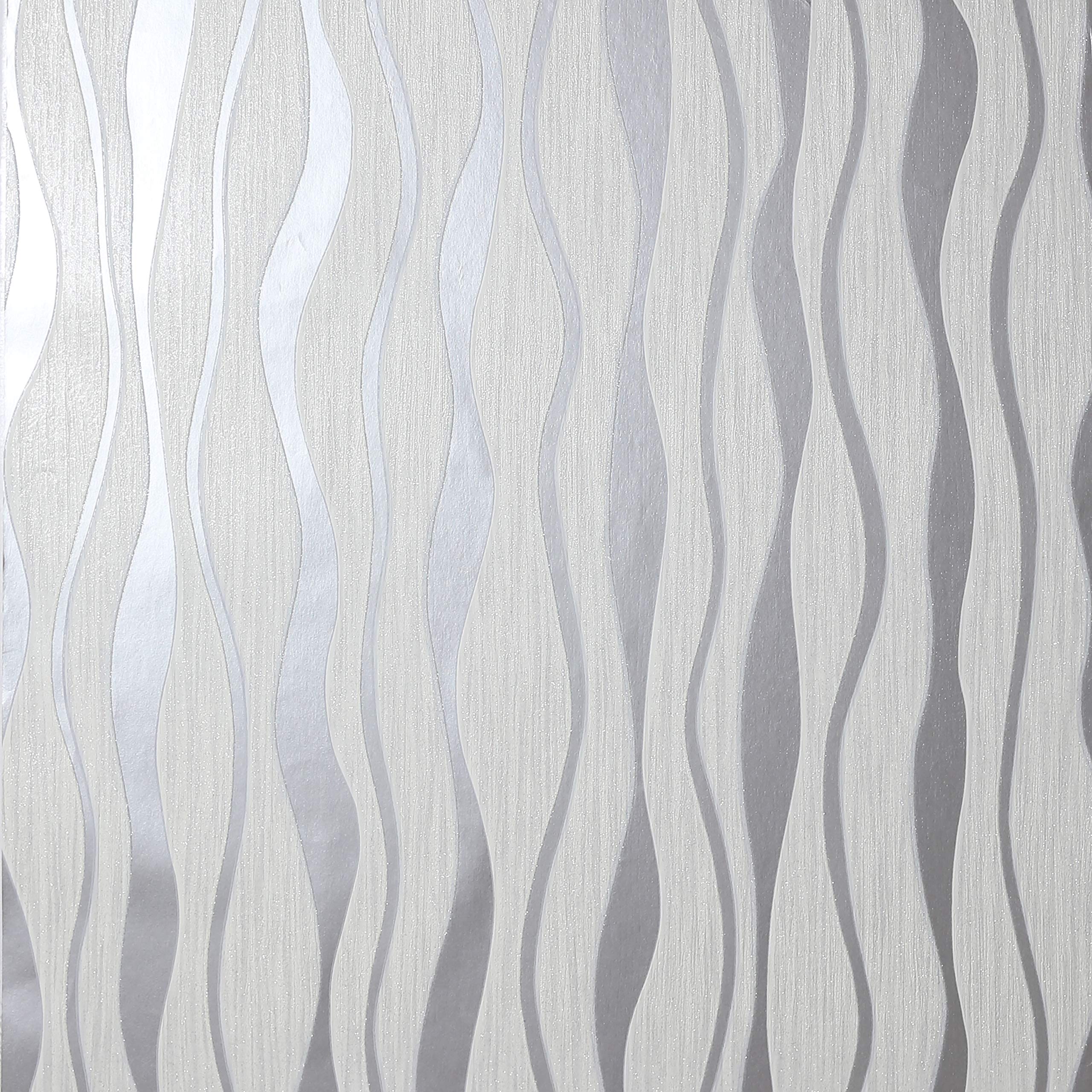 Arthouse | Metallic Wave White/Silver Wallpaper | Elegant Metallic & Glitter Design | Modern Vertical Pattern for Feature Walls | Easy Paste The Paper Application | 1005 x 53 cm