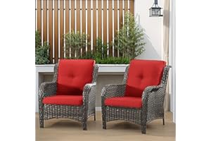 Gardenbee Patio Wicker Chairs Set of 2, Patio Rattan Dining Chairs with 3.5-inch Seat Cushions, High Back and Curved Armrest for Garden, Backyard, Balcony and Deck, Red