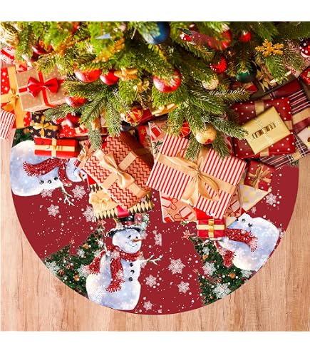 48 Inch Red Christmas Tree Skirt With Snowman & Snowflake Design - Plush Tree Mat For Holiday Decor - View #3