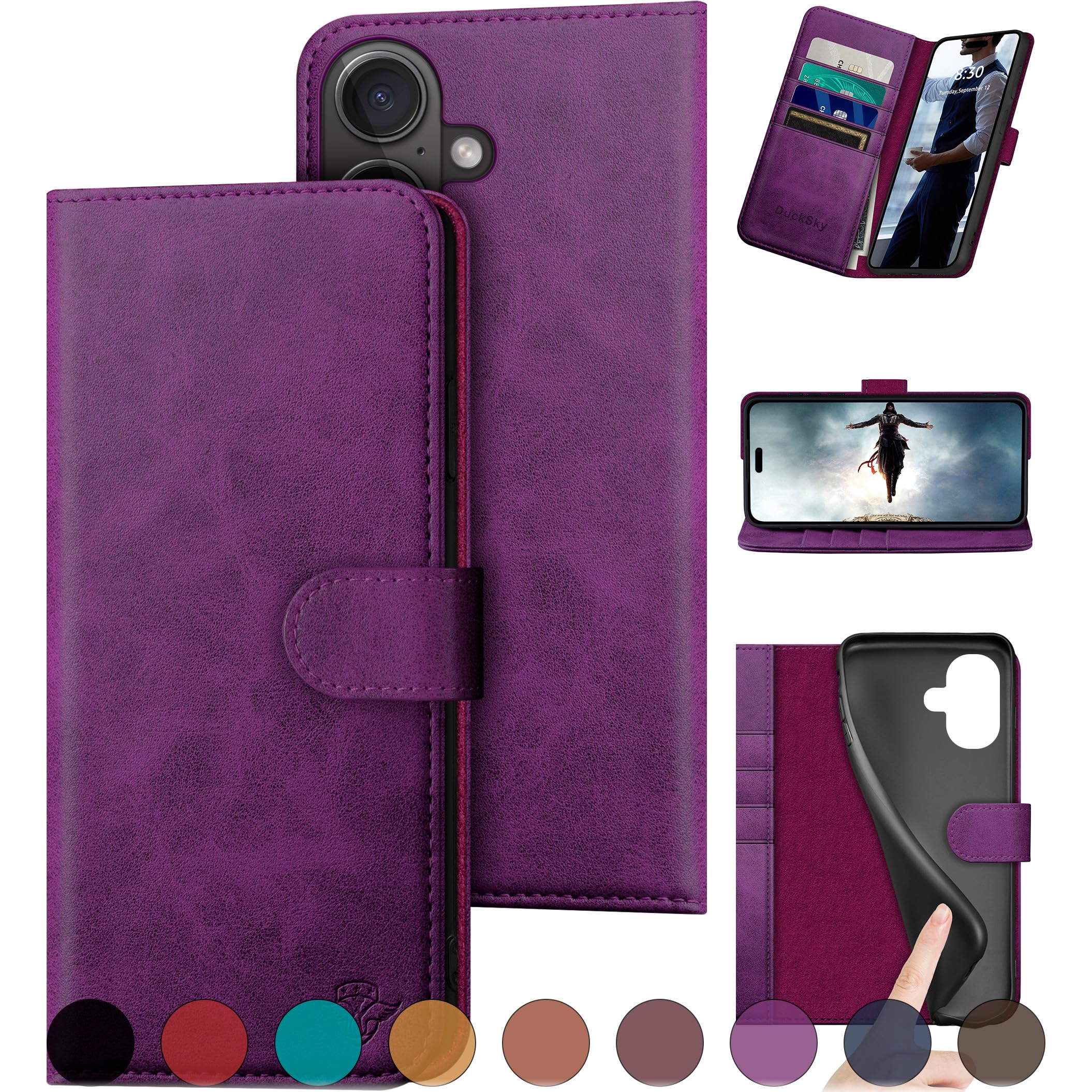 Photo 1 of DuckSky Compatible with iPhone 16 6.1" Genuine Leather Wallet case?RFID Blocking??4 Credit Card Holder??Real Leather? Flip Folio Book Phone case Protective Cover Women Men for Apple 16 case Purple