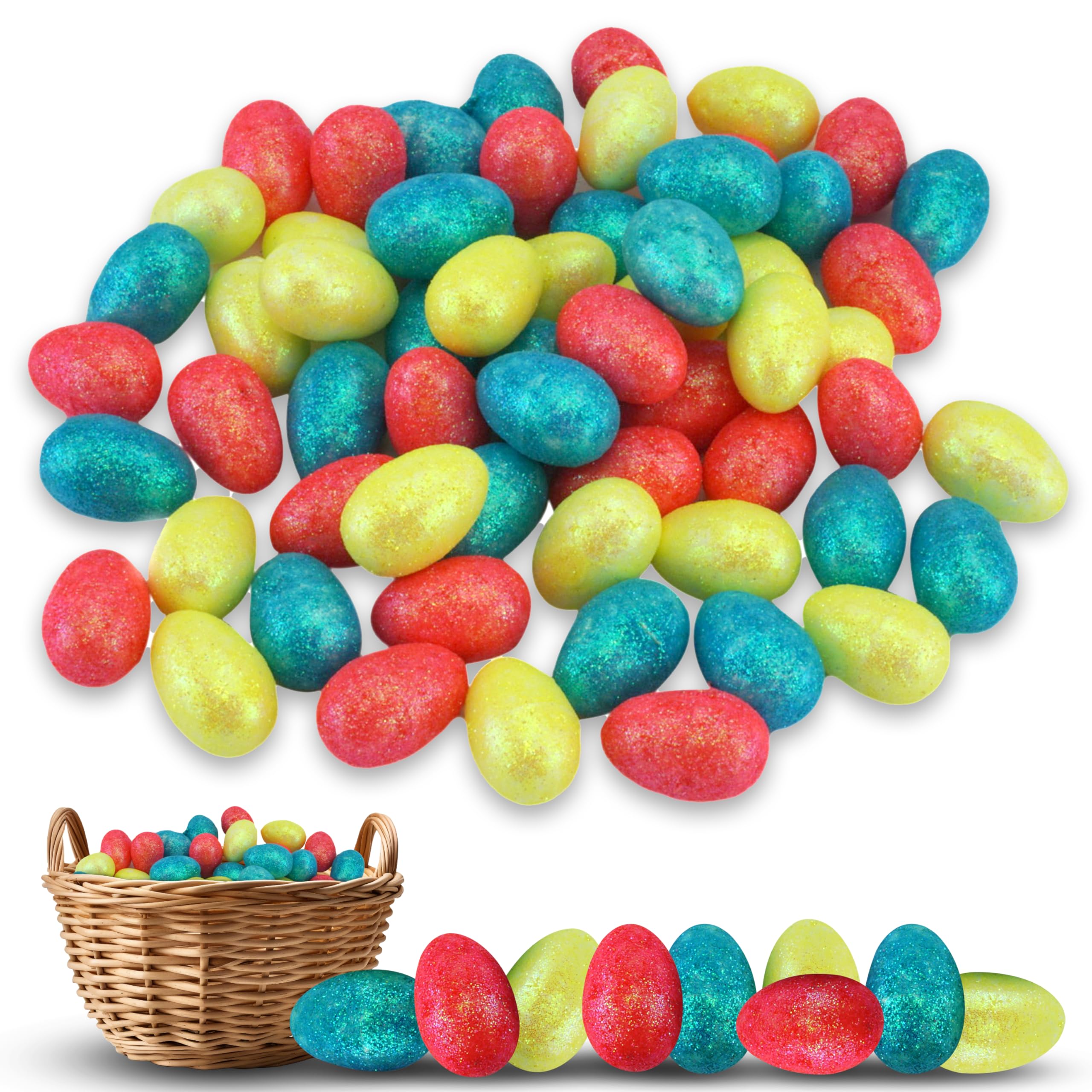 60PCs Happy Easter Glitter Eggs 3cm - Mini Eggs for Bonnet Hat Party Home Decoration, Craft Glitter Foam Egg Ornaments, Hoppy Easter Art and Craft Gift Basket Fillers