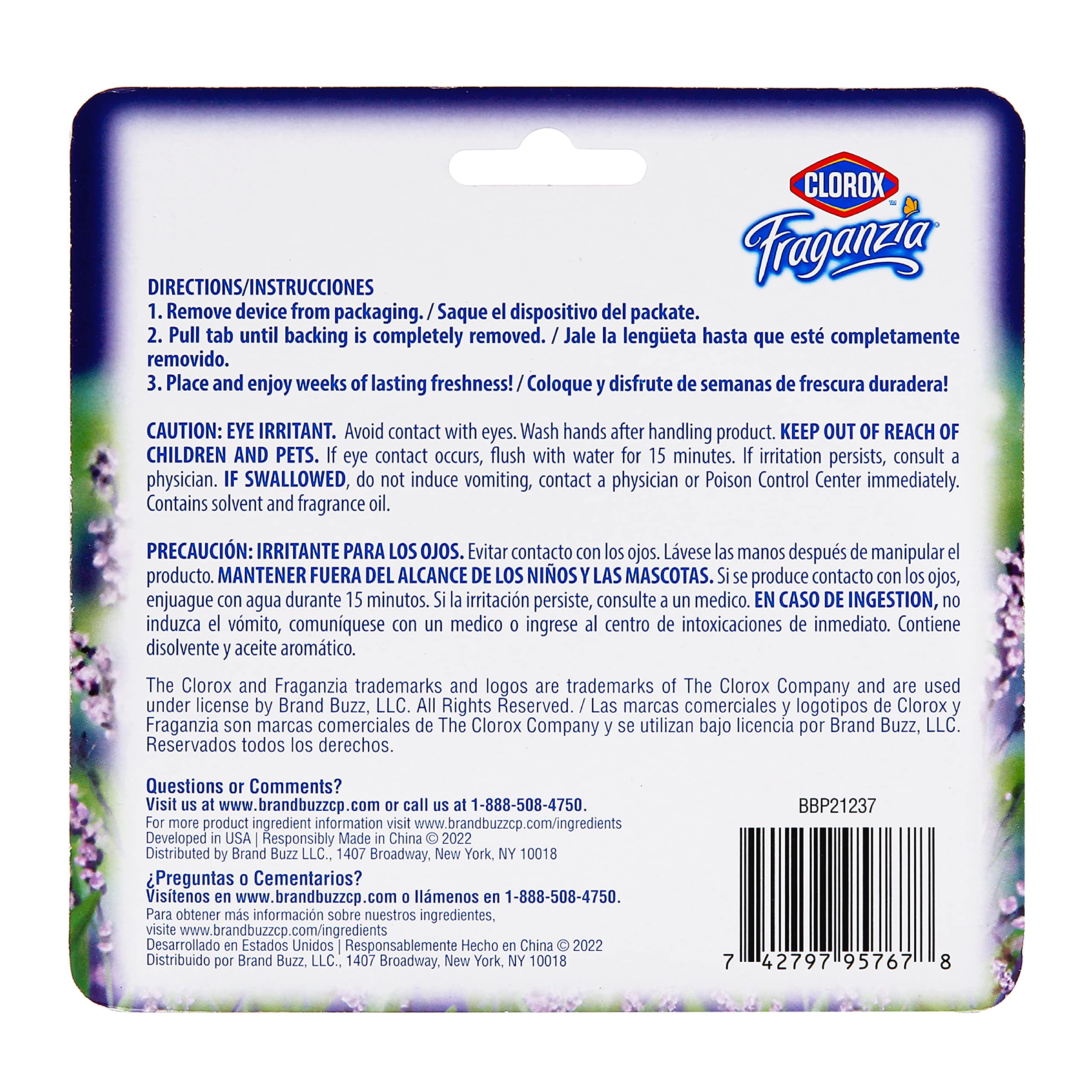 Clorox Fraganzia Small Rooms Air Freshener, Lavender with Eucalyptus - Peel & Place Air Freshener, No-Plug, Battery-Free for Closets, Laundry Room, Entry Way, Bathroom, 0.25 Fl Oz Each, 2 Count
