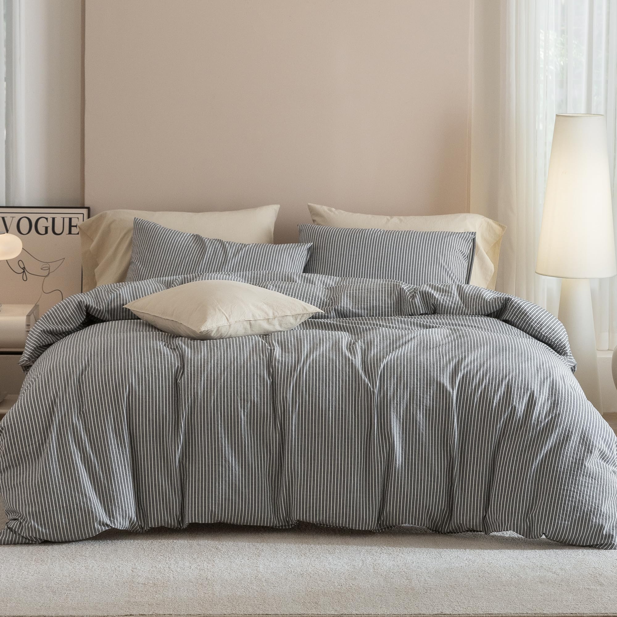 jiyuan 100% washed cotton pinstripe duvet cover set king size 104"x90", linen-like soft breathable d