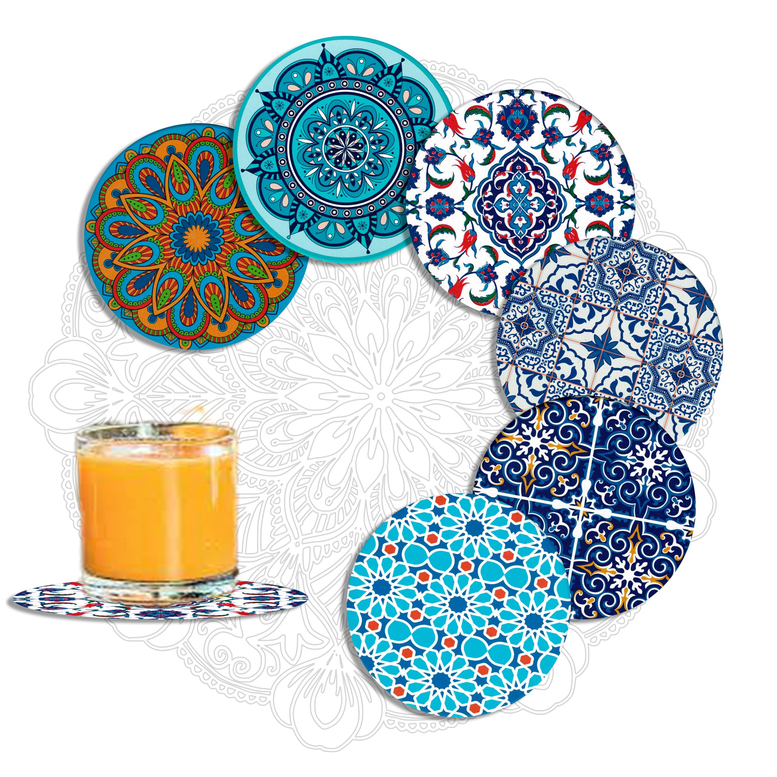 MALANGI Drink Coasters Set of 6 - Ceramic Turkish Coasters - Absorbent Giftable Coaster - Non-Scratch Top & Non-Slip Cork Base (Style 3 Without stand)