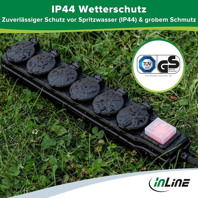 6-Fach Steckdosenleiste, Außensteckdose, Outdoor, Mehrfachsteckdose, Steckerleiste, IP44, mit beleuchtetem EIN/Aus Schalter, erhöhter Berührungsschutz, Länge: 3m, 16496O