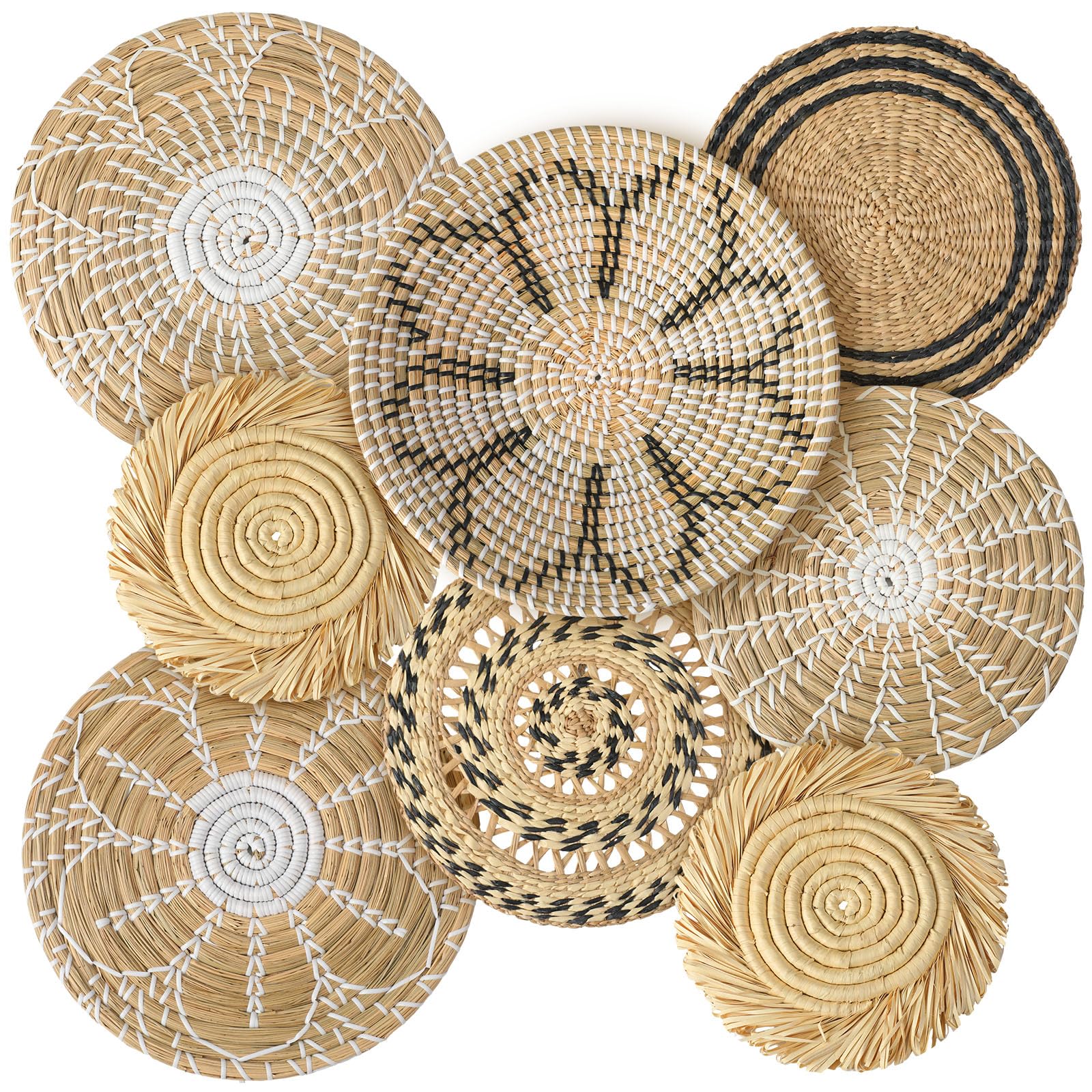 Photo 1 of Xuhal Set of 8 Hanging Woven Wall Basket Handmade Decorative Rustic Boho Basket Decor Handcrafted Wicker Round Seagrass Wall Art for Home Kitchen Farmhouse Table Living Room