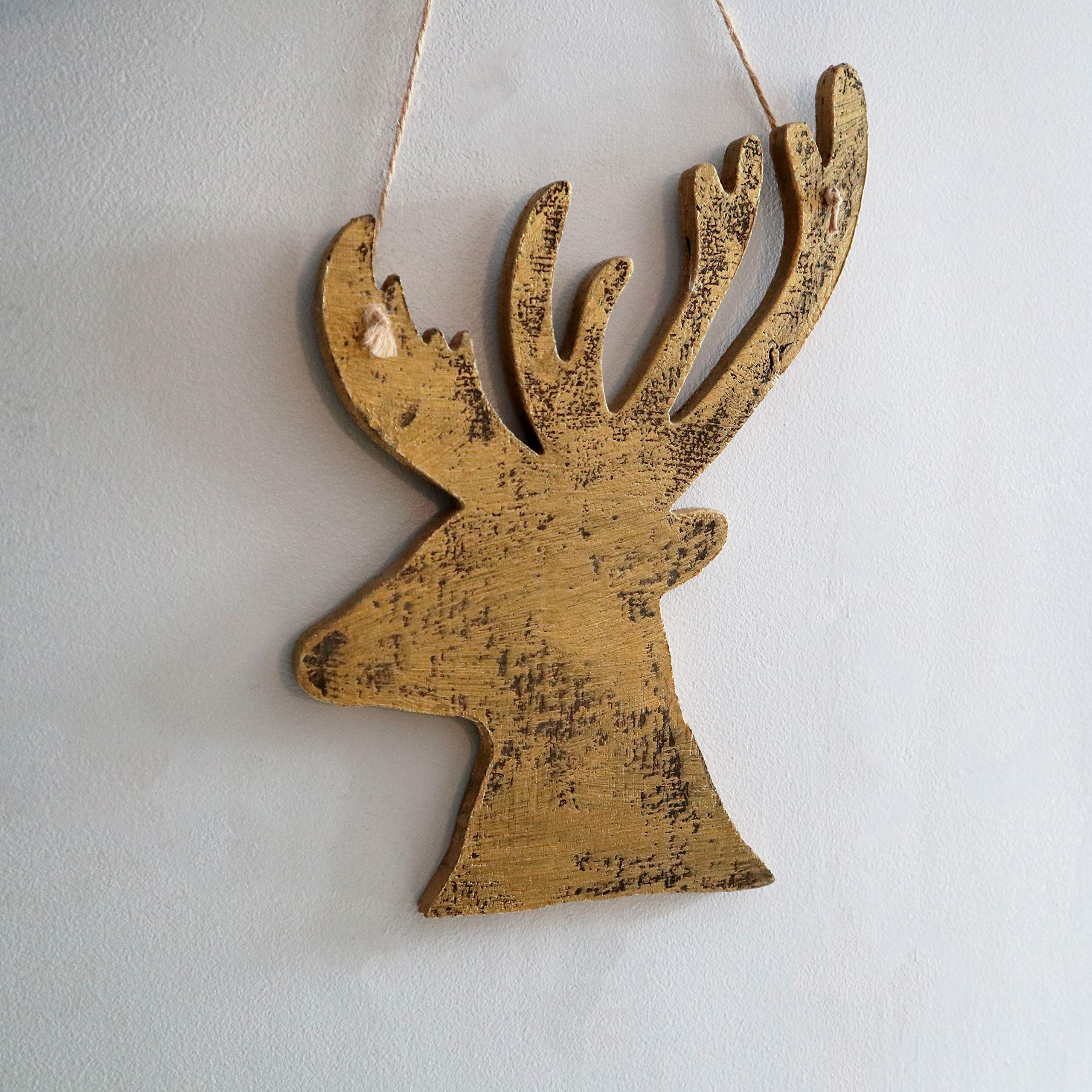 SHATCHI, 17 x 26H CM, SHATCHI 26cm Christmas Wooden Hanging Golden Side Face Deer Wall Decoration Xmas Home Office Holiday Decorative Centrepiece