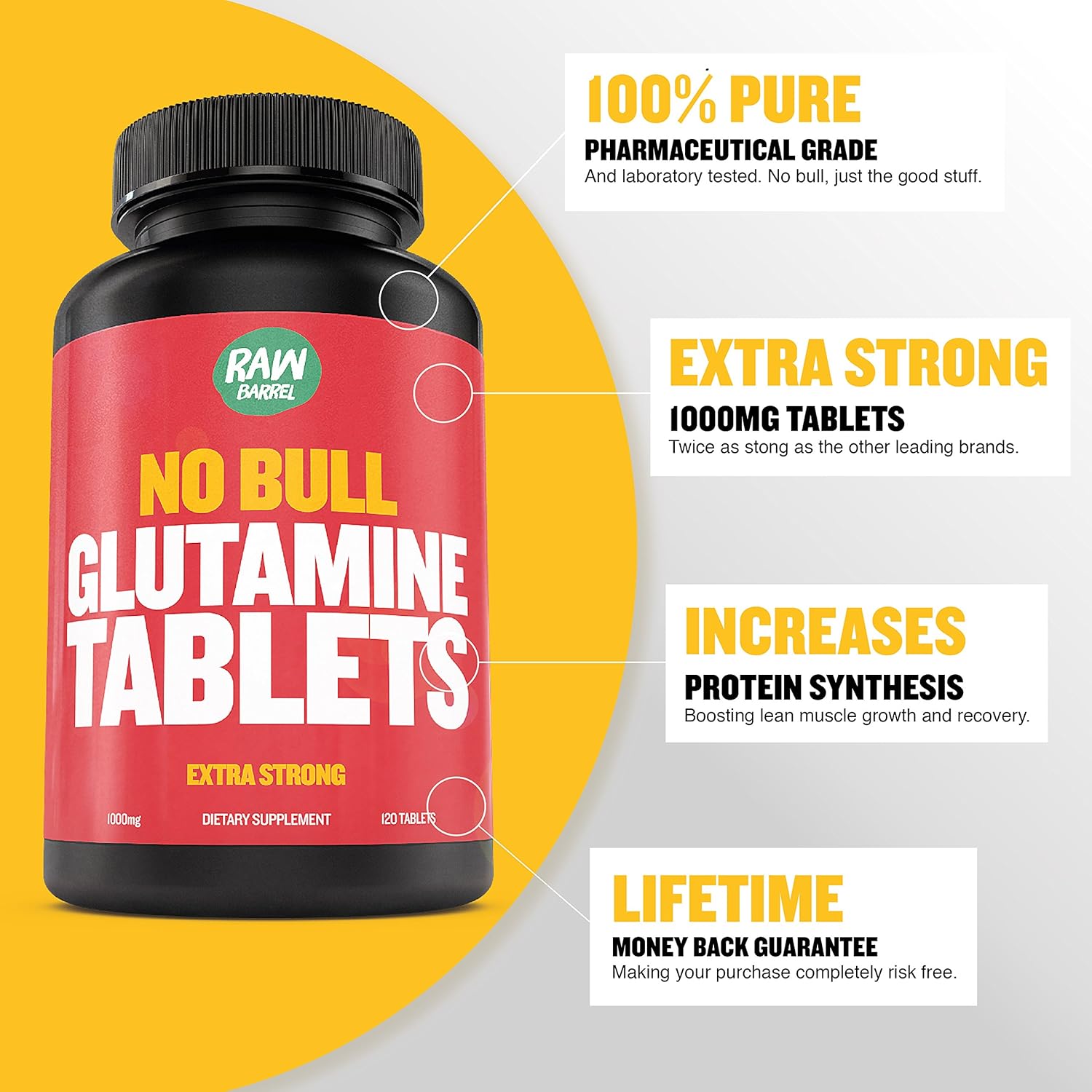 Raw Barrel’s Pure L Glutamine Tablets 120 LGlutamine Pills at 1000mg Includes Digital Guide
