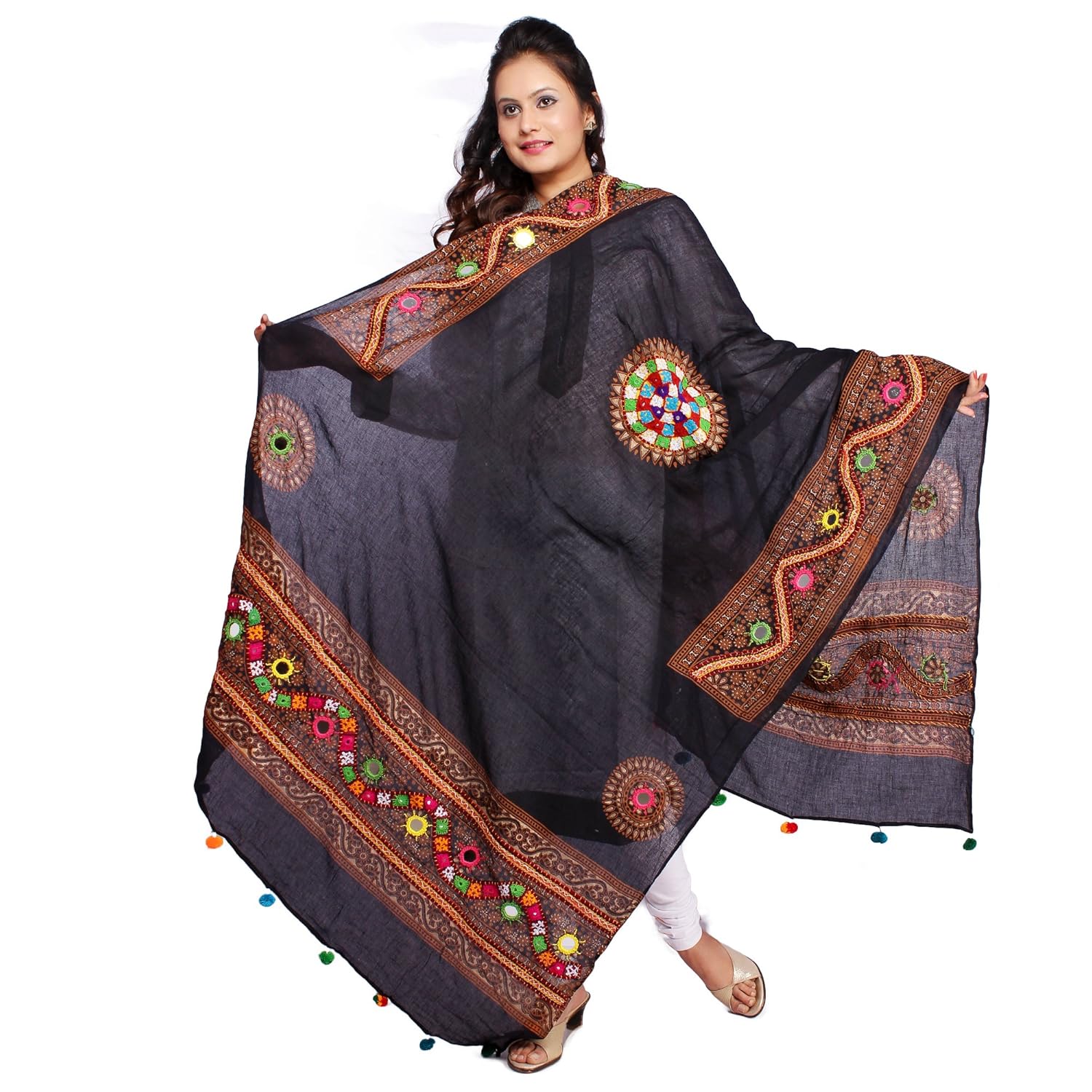 banjara women's cotton kutchi dupatta - mirrowork kch
