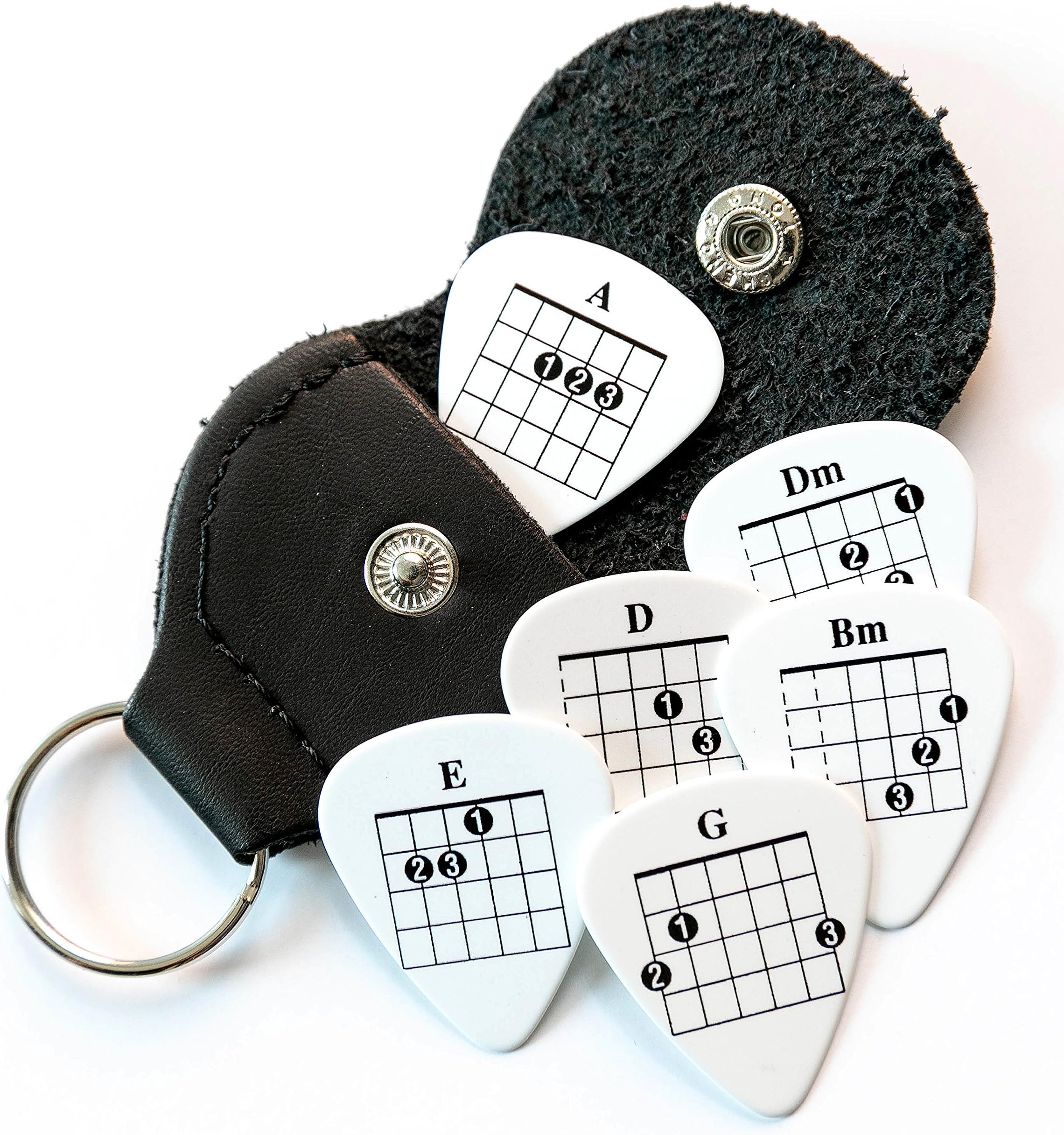 6 Chords Tab Guitar Picks Double Sided With Leather Plectrum Holder Keyring