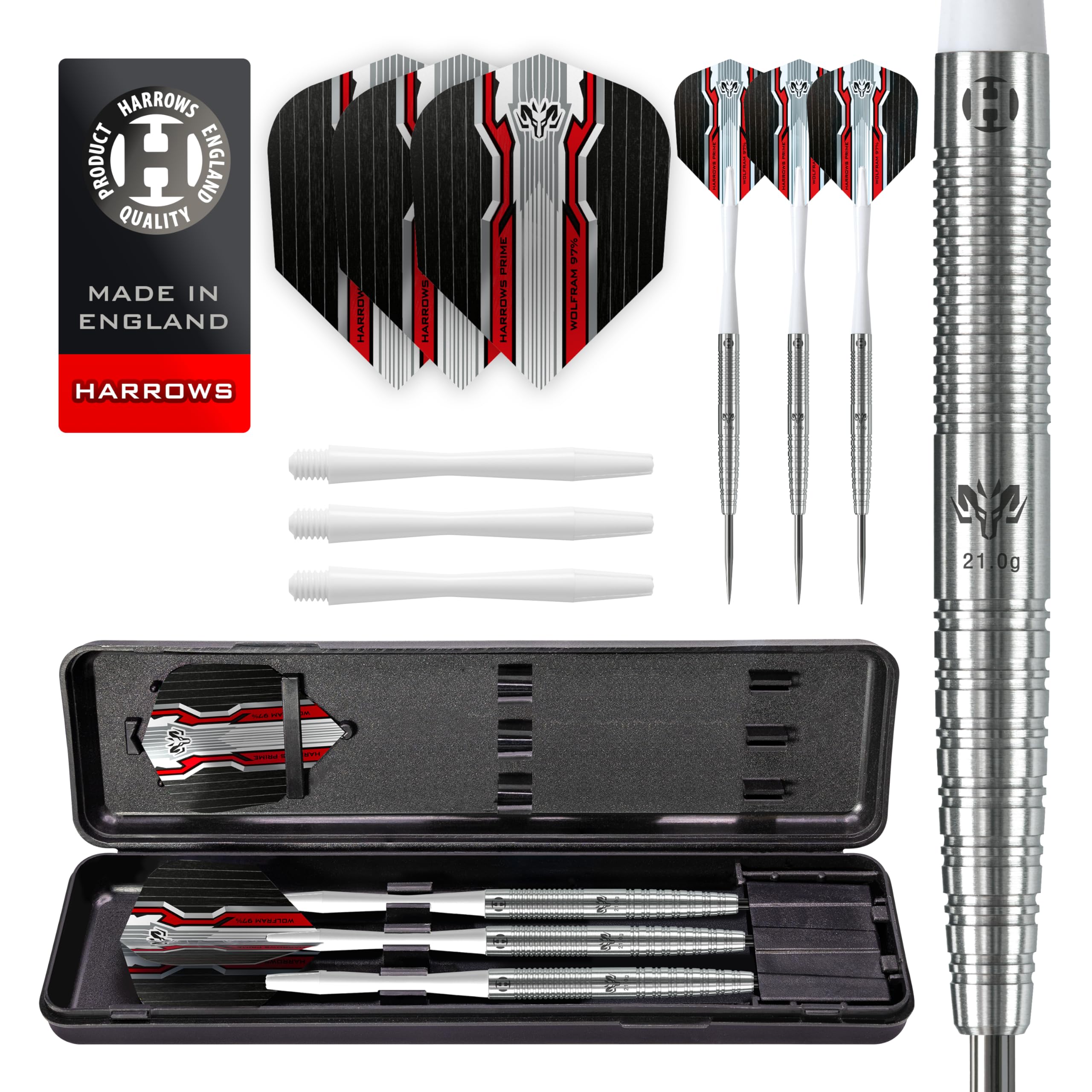 Harrows Wolfram 97% Tungsten Steel Tip Darts Set 21g, 22g, 23g, 24, 25g & 26g - Includes Speedline Shafts, Marathon - Wolfram Flights & Travel Case 26g