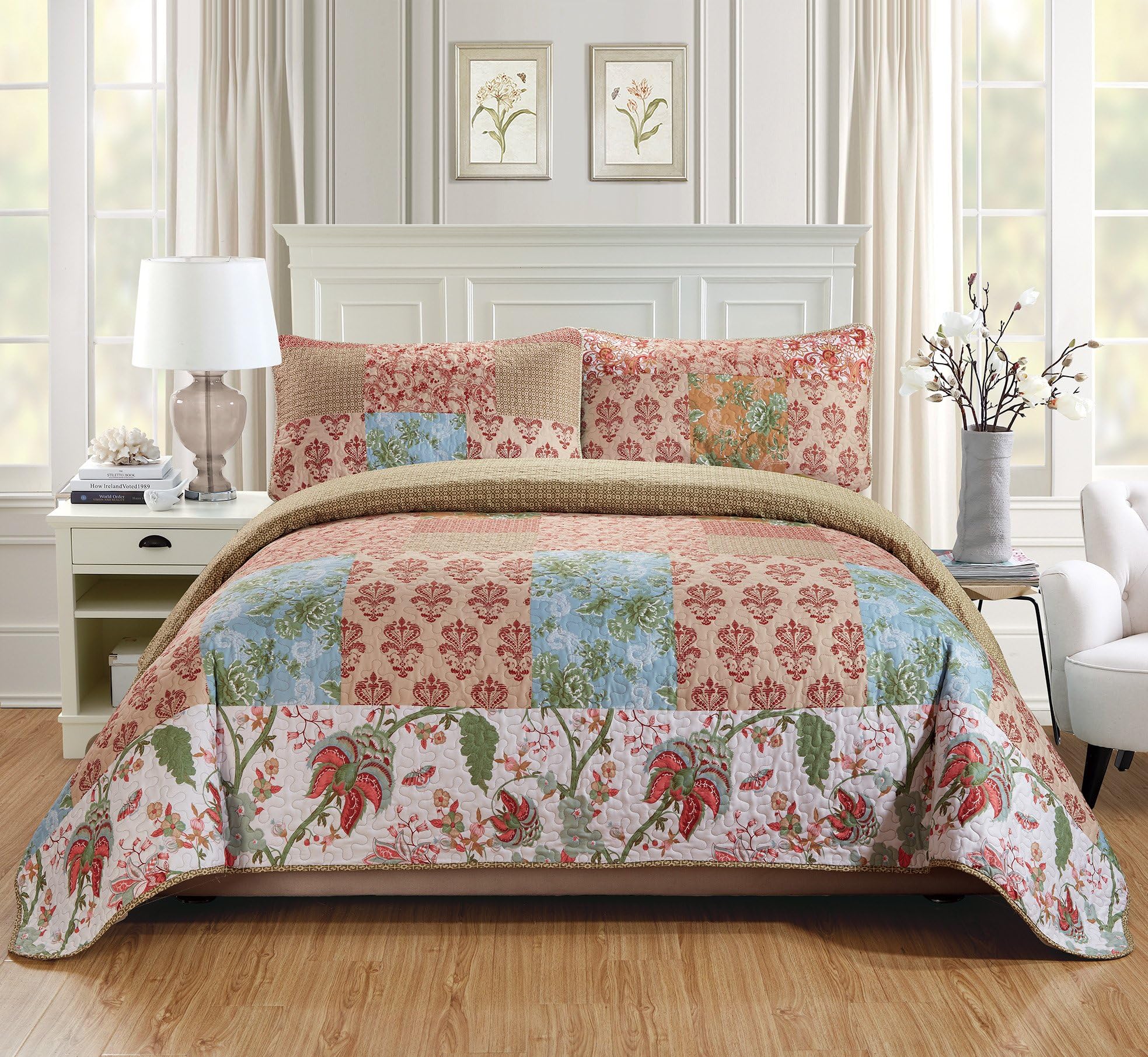 Fancy Linen 3pc King/California King Quilt Bedspread Set Over Size Bed Cover Squares Floral Beige Blue Rust Taupe Green White New