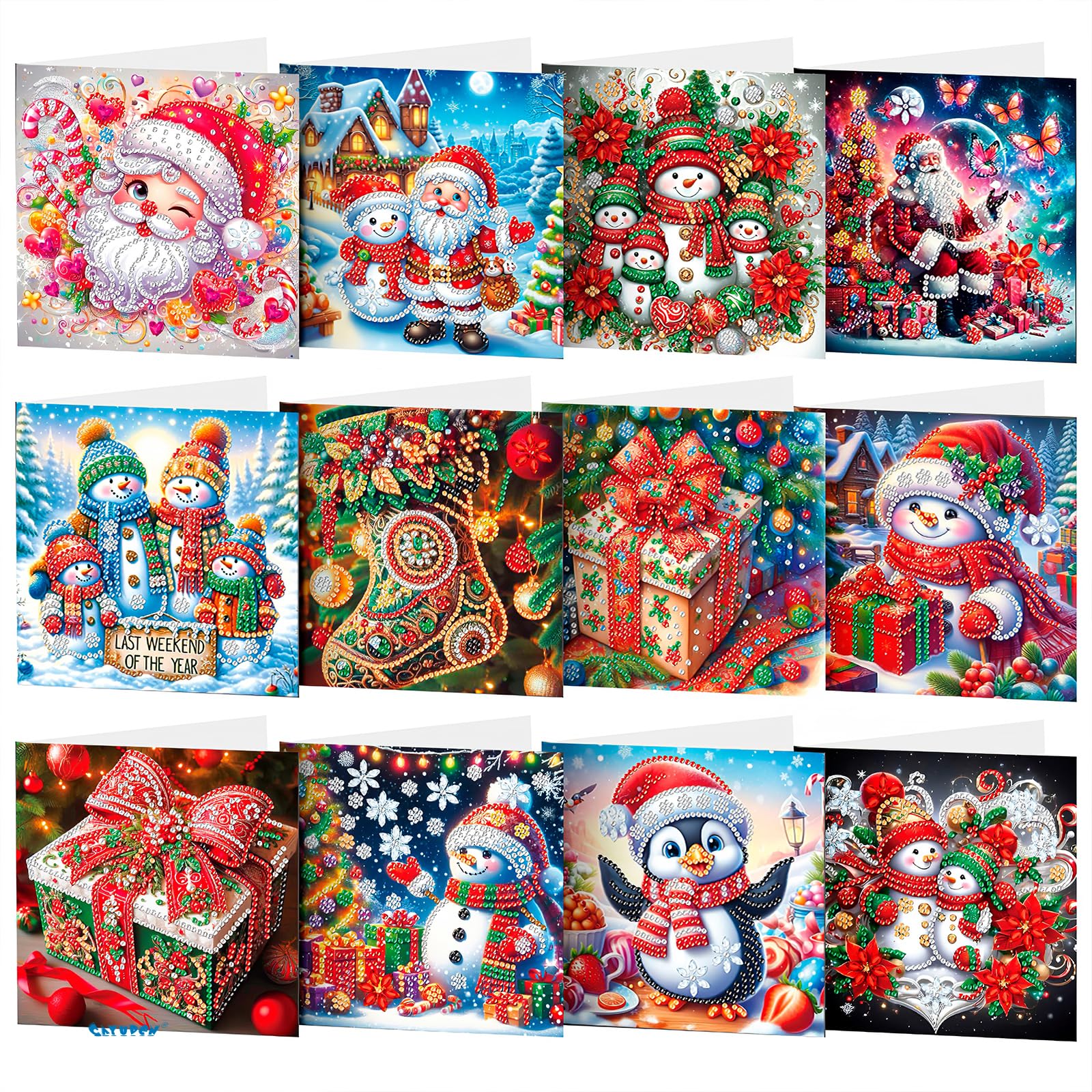 CAYUDEN Diamond Christmas Greeting Cards DIY Kit for Adults - 12 Pack With Envelopes Set, Merry Holiday Gifts for Families, Friends, Partners