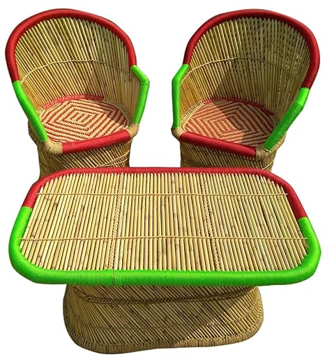 Ecowoodies Lornica Handicraft Cane Bamboo Outdoor Furniture Chair for Balcony Sitting for Garden Sets (2+1)