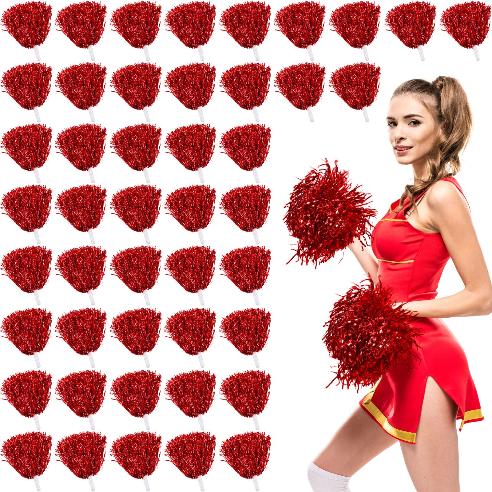 Photo 1 of 60 Pcs Cheerleading Pom Poms Metallic Foil Cheer Pompoms Bulk with Plastic Handle Cheering Costume Accessory for Football Basketball Cheering Squad Team Spirit Dance Sport Stage Performance(Red)