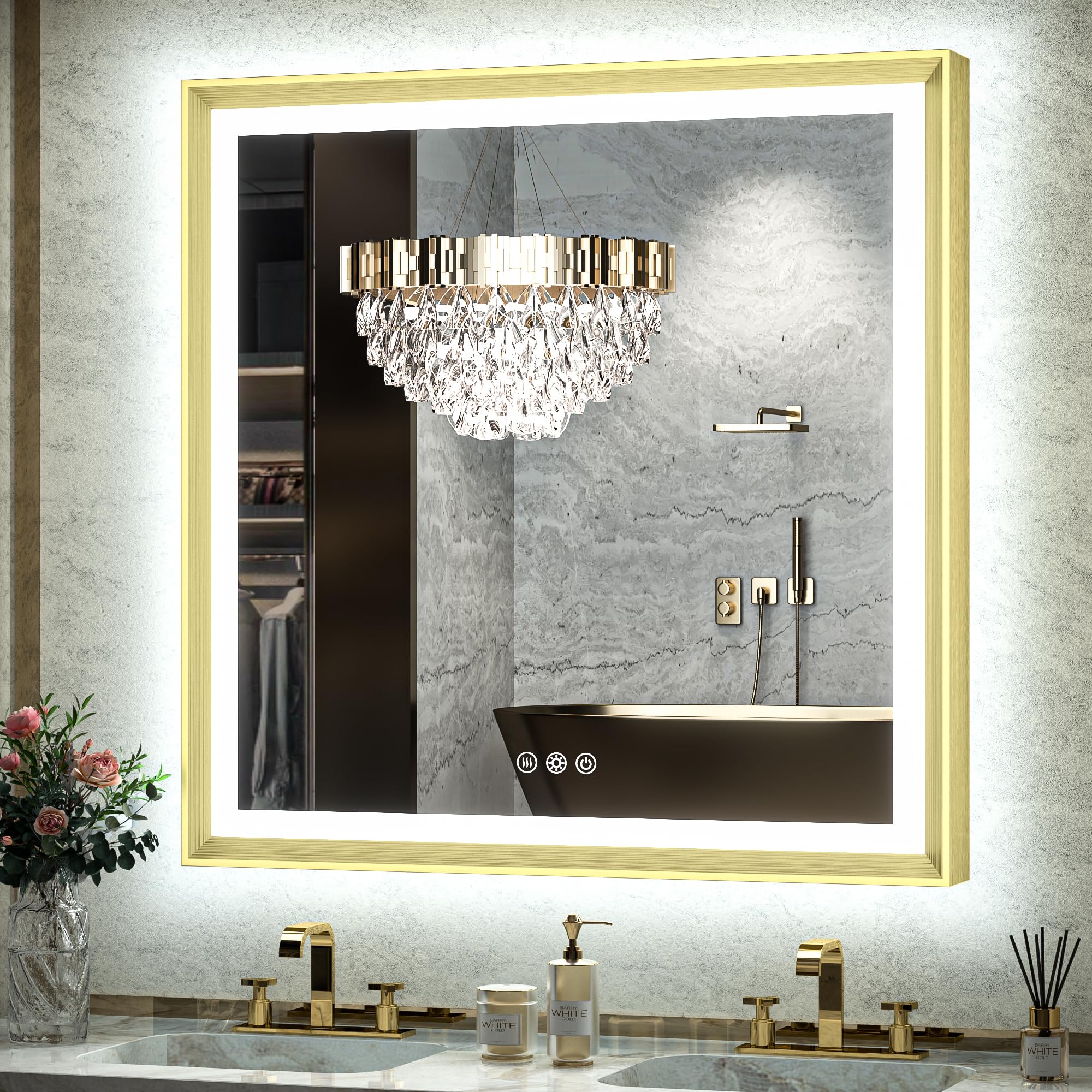 Photo 1 of TokeShimi Gold 36x36 Inch LED Bathroom Vanity Mirror with Front Lights Backlit Aluminum Alloy Frame Rectangle Beveled Edge Tricolors Stepless Dimmable Anti-Fog Memory Function for Home Decor