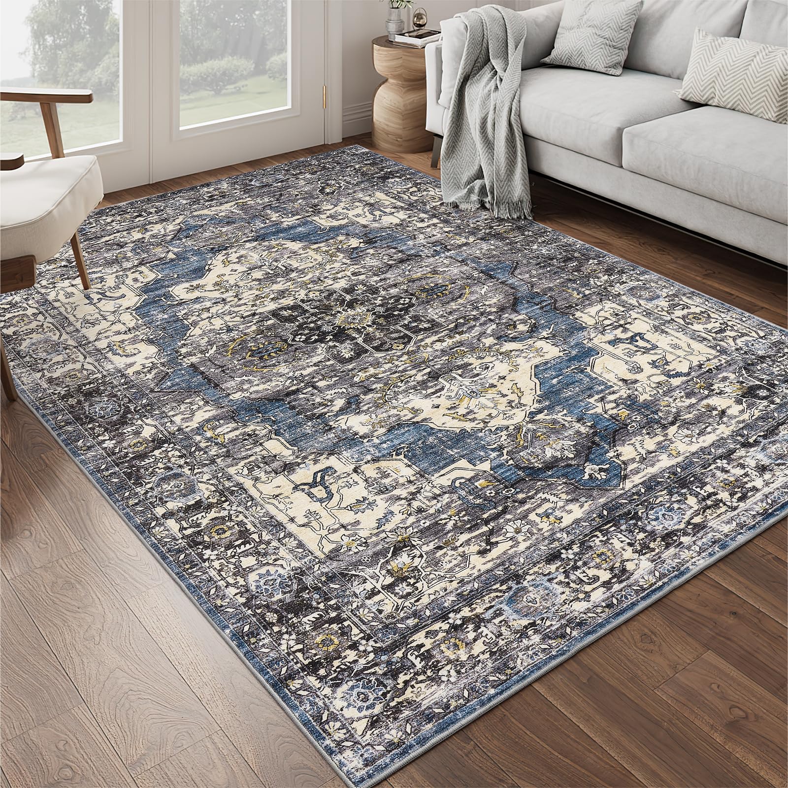 befbee 5x7 Area Rugs for Living Room, Stain Resistant Neutral Washable Rugs for Dining Room, Floral Vintage Non-Slip Thin Large Size Area Rug (Blue/Black) Image