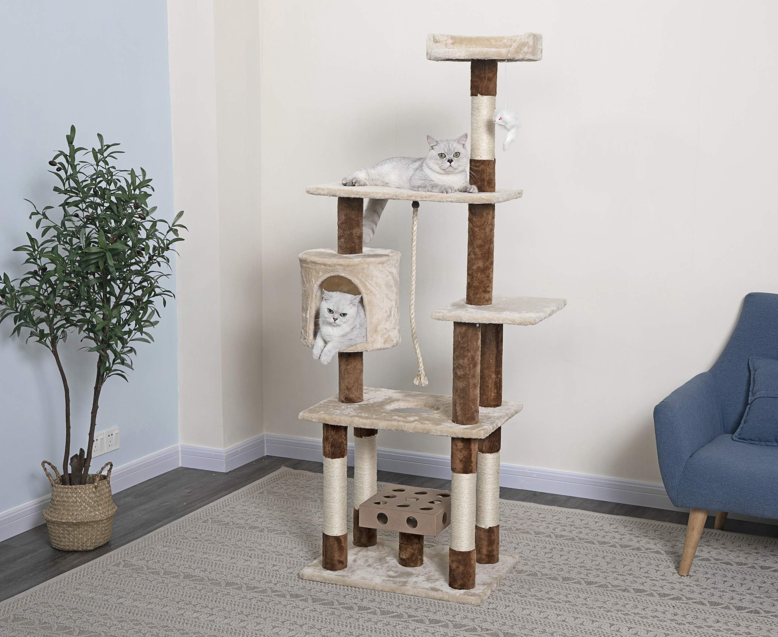Go Pet Club 67" IQ Busy Box Cat Tree Kitty Scratcher Kitten Condo Tower House Furniture with Hanging Toy and Rope for Indoor Cats, Beige/Brown