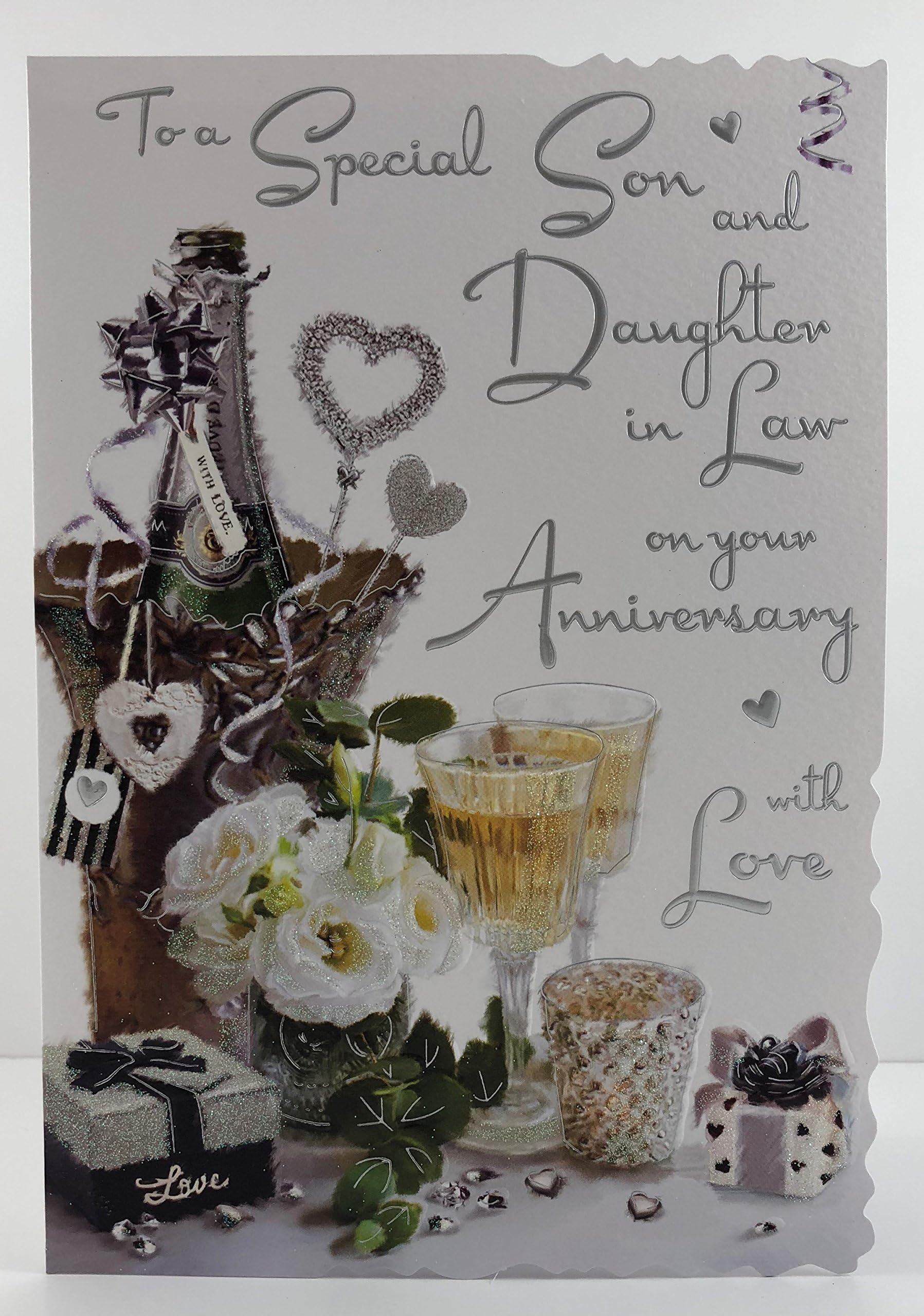 Illustrated Son & Daughter-In-Law Anniversary Card - (JJ9257) - Son & Daughter-In-Law With Love Anniversary - From The Velvet Range - Embossed With A Silver Foil & Flitter Finish