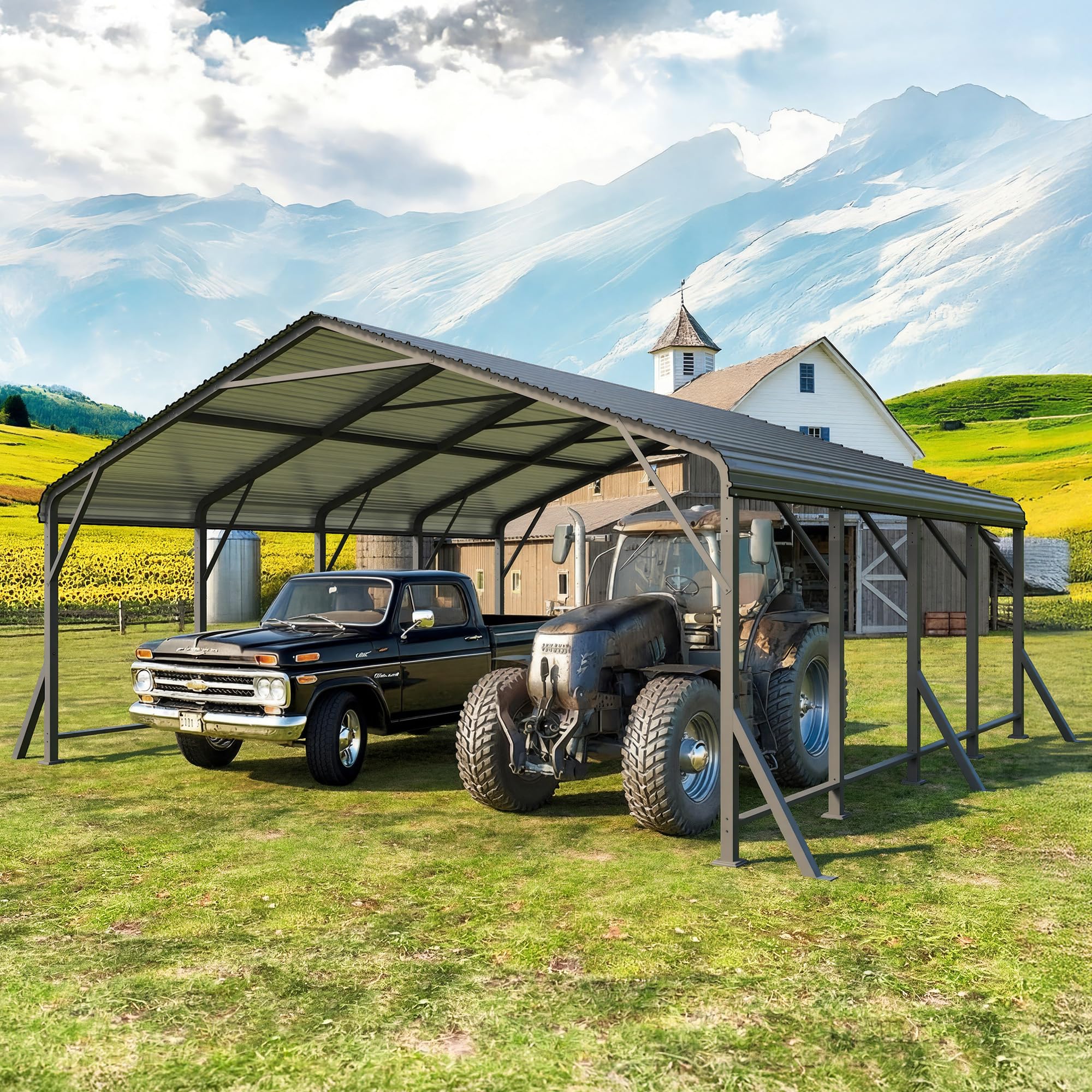 Photo 1 of ** SIMILAR** 20x20 FT Metal Carport with Updated Roof & Enhanced Base, Heavy Duty Canopy Carport Garage, Vertaile for Car, Truck, Boat, Tractors, Party, Grey