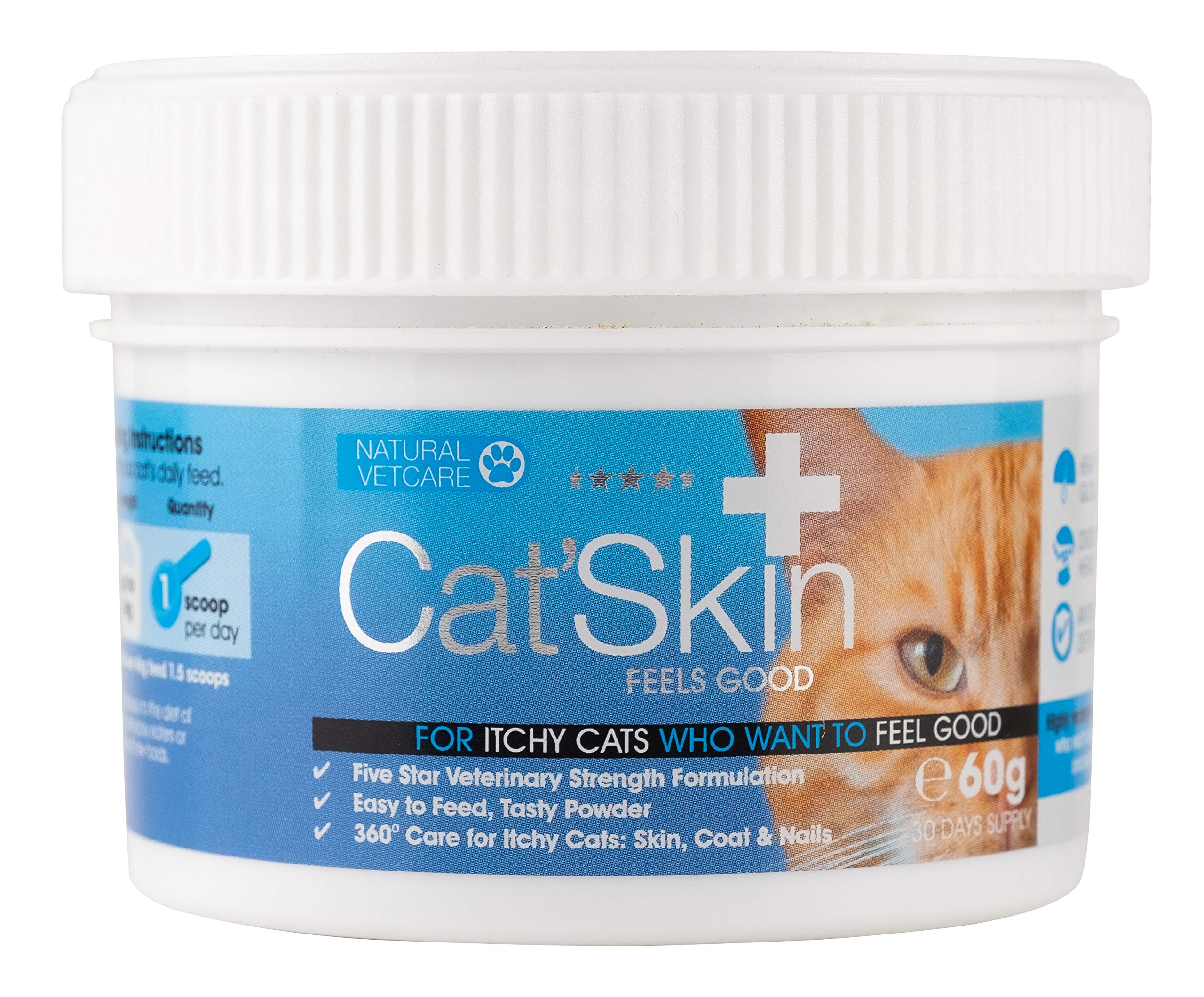 NATURAL VETCARE Cat'Skin 60g Supplement – Veterinary Strength Skin & Coat Supplement for Itchy Cats – Promotes Healthy Skin, Glossy Coat & Immune System Health