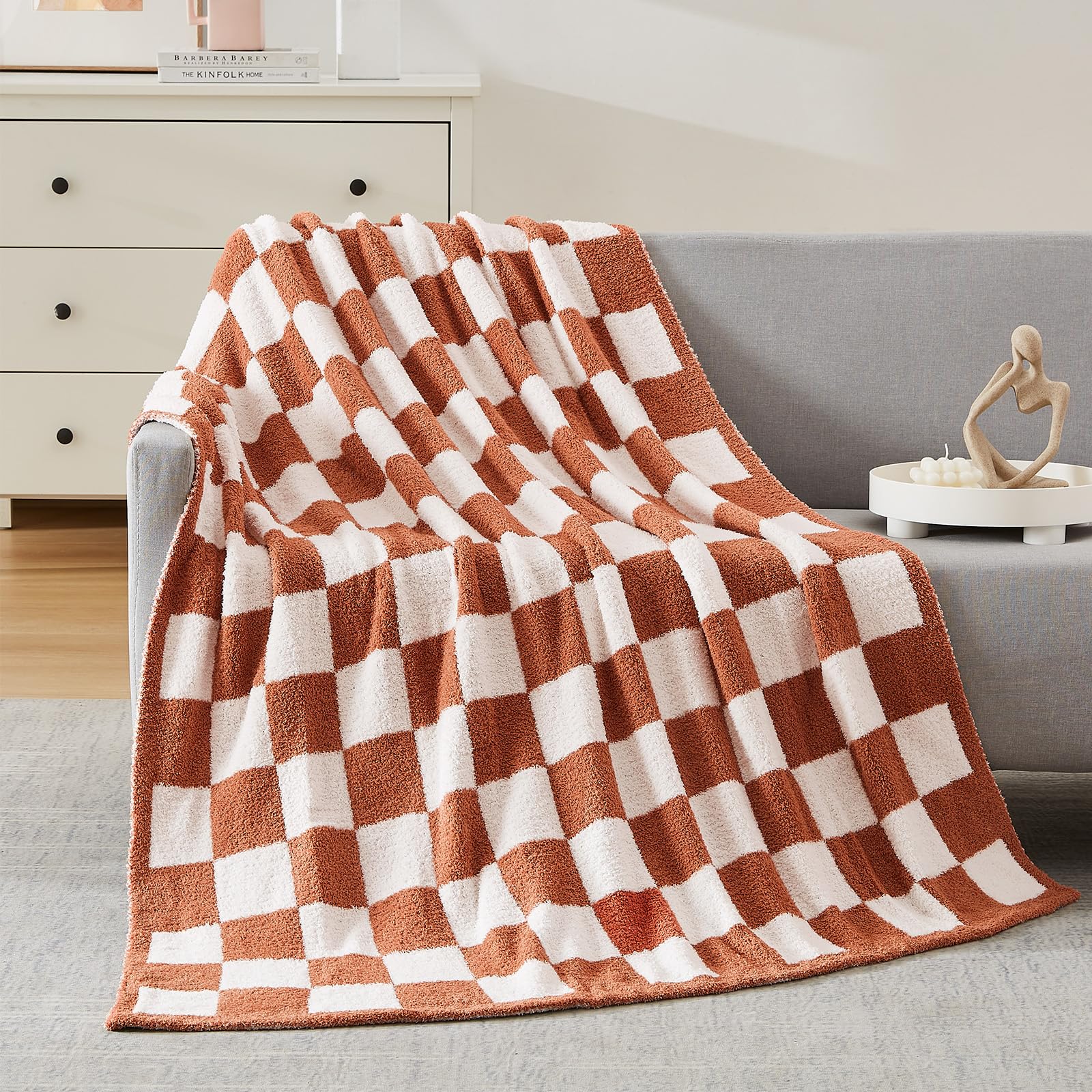 WRENSONGE Checkered Throw Blanket, Autumn Leaf Orange Soft Cozy Fluffy Warm Hand Made Throw Blankets for Couch, Sofa, Chair, Bed, Camping, Picnic, Travel Lightweight Bed Blanket - 50"*60" Image