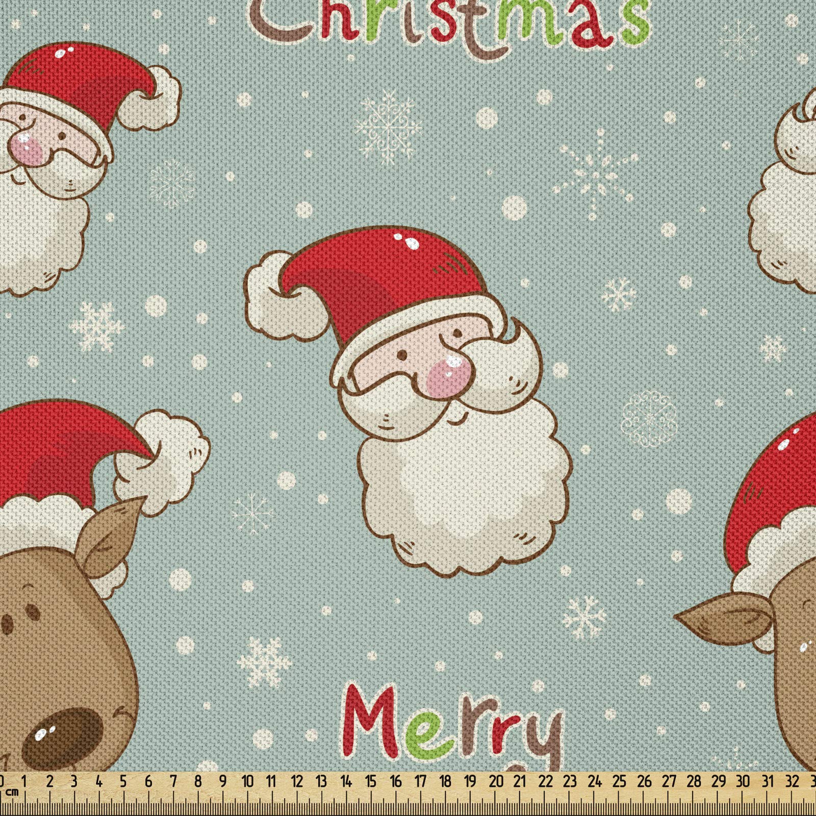 ABAKUHAUS Christmas Fabric by The Yard, Santa Claus and His Deer Celebrating Your Holiday Vintage Cartoon on Snowflakes, Fabric for Upholstery and Home Decor Accents,2M (148x200cm), Multicolor