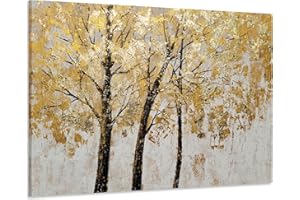 Yihui Arts Tree Painting with Gold Foil - Hand Painted Landscape Canvas Wall Art for Farmhouse Living Room, Bedroom, and Bathroom Decor