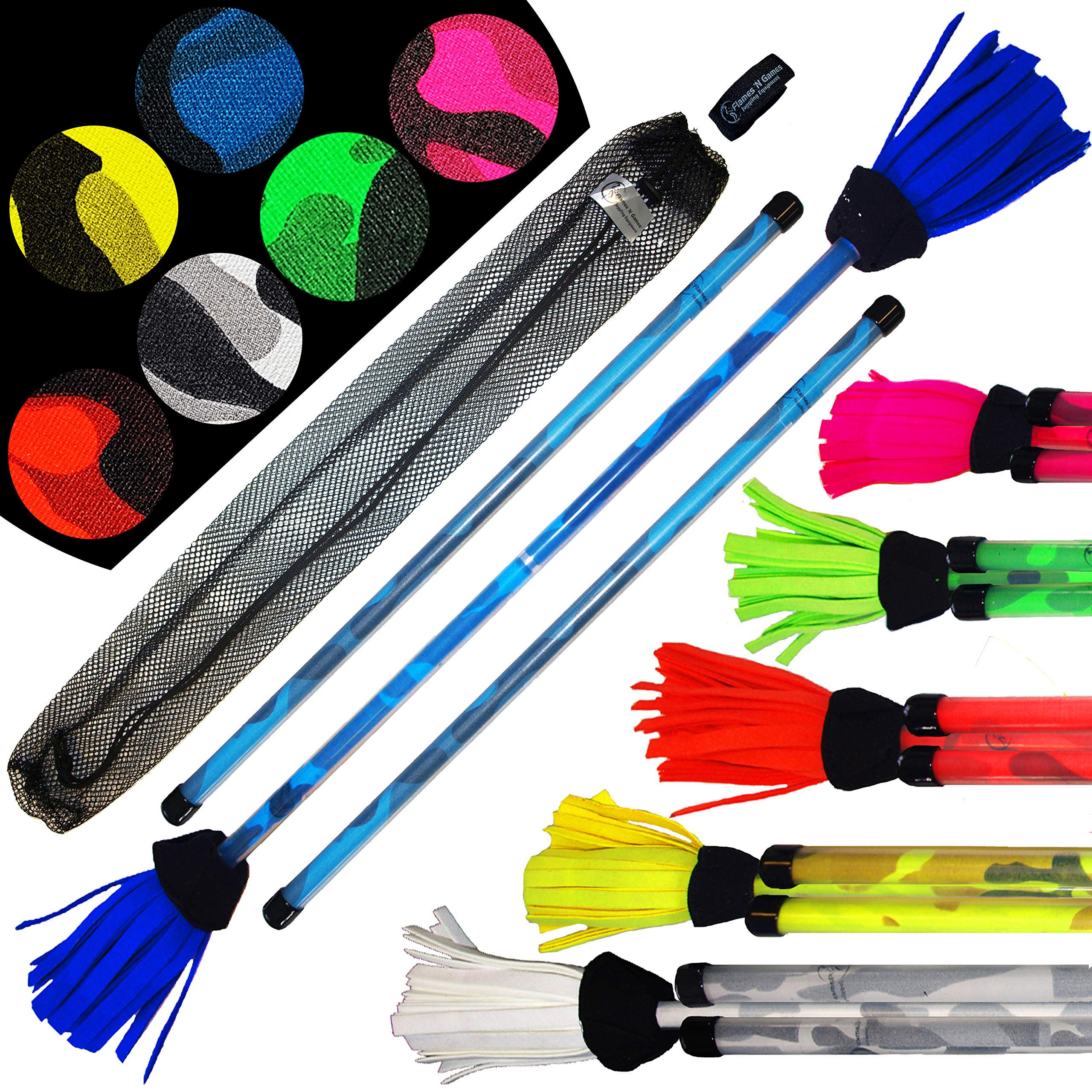 Pro COMMANDO Flower Stick Set (6 Camouflage Colours) - Fiberglass Core With Grip Silicone Coating + Camo Handsticks! Juggling Flowerstick for Beginners and Professionals! (White/White Handsticks)