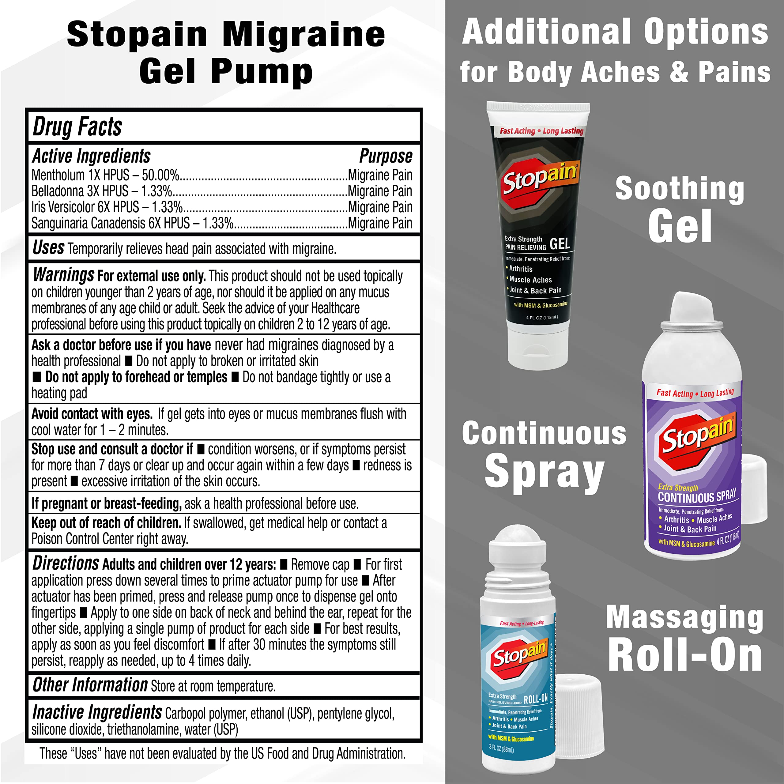 Mua Stopain Migraine Pain Relief Gel Pump, 1.62oz, USA Made, Max Strength Fast Acting Research