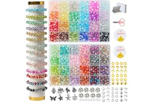 REVKI 1300PCS 8mm Mixed Crackle Glass Beads for Bracelets Making with Accessories, 48 Colors Crystal Glass Beads Jewelry Making Kit, Round Beads for DIY Bracelet Crafts