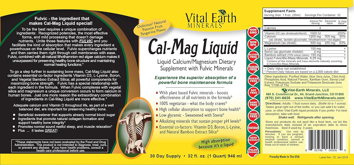 Cal-Mag Liquid 32 Fl. Oz. - 1 Month Supply- High Potency - Sugar Free - Vegetarian - Liquid Calcium Magnesium Bone Maintenance Supplement WITH Fulvic, By Vital Earth Minerals: Health & Personal Care