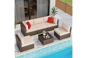 Shintenchi 6 Pieces Patio Furniture Sets Outdoor All-Weather Sectional Patio Sofa Set PE Rattan Manual Weaving Wicker Patio Conversation Set with Glass Table&Ottoman Cushion and Red Pillows, Beige