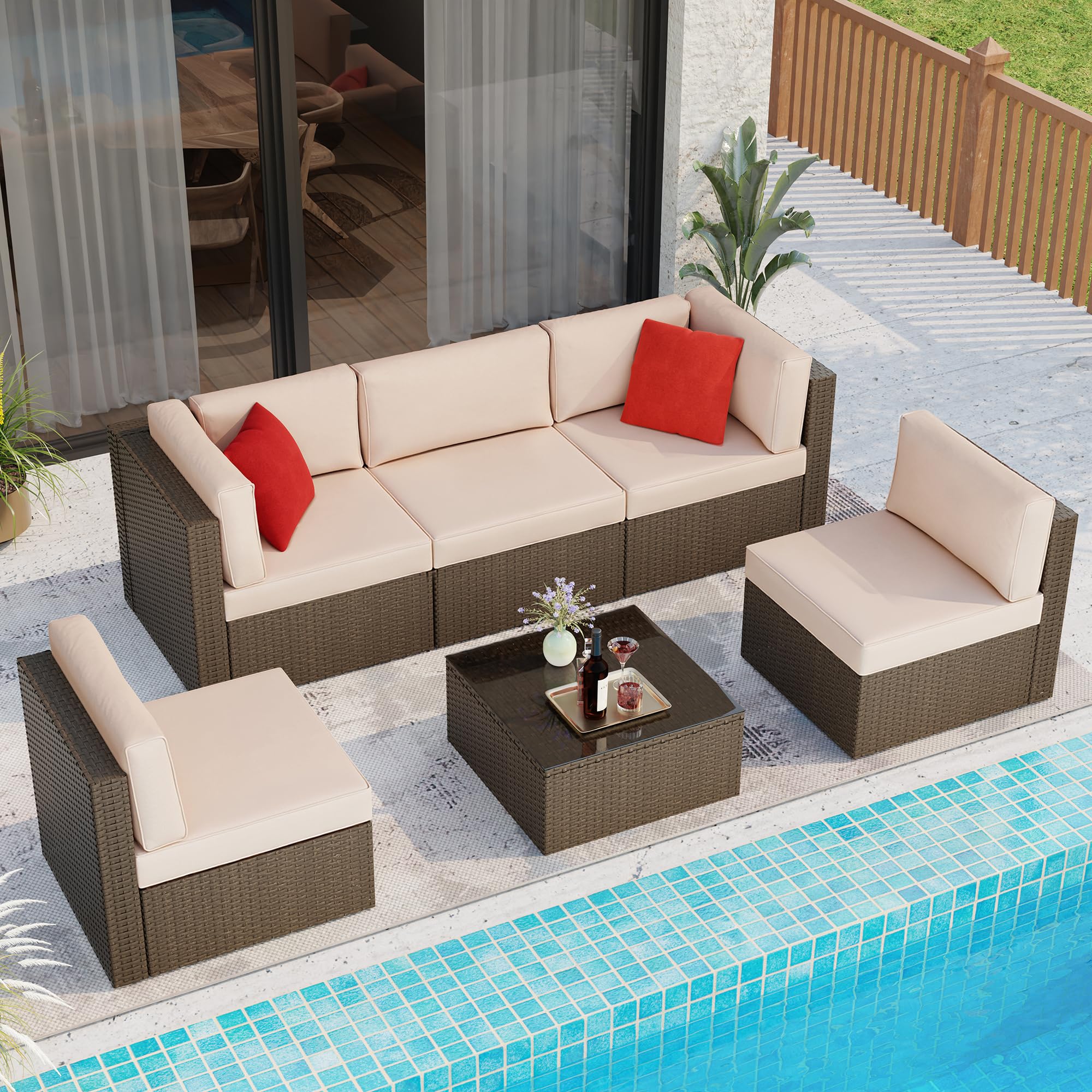 Photo 1 of *PARTIAL SET*
Shintenchi 6 Pieces Patio Furniture Sets Outdoor All-Weather Sectional Patio Sofa Set PE Rattan Manual Weaving Wicker Patio Conversation Set with Glass Table&Ottoman Cushion and Red Pillows, Beige