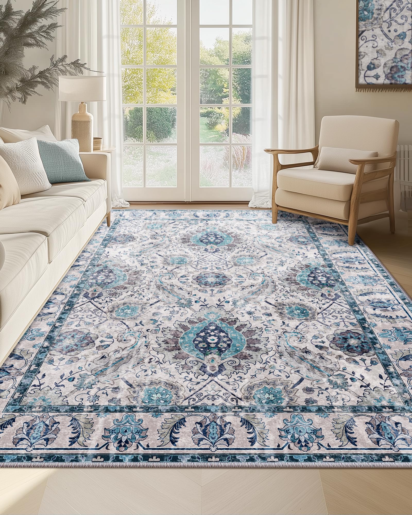 Photo 1 of RELEANY Boho 6x9 Area Rugs Machine Washable Carpet Low Pile Non Shedding Doormat Soft Area Rugs for Living Room Bedroom Kitchen Dining Room Entryway Hallway Indoor-Turquoise