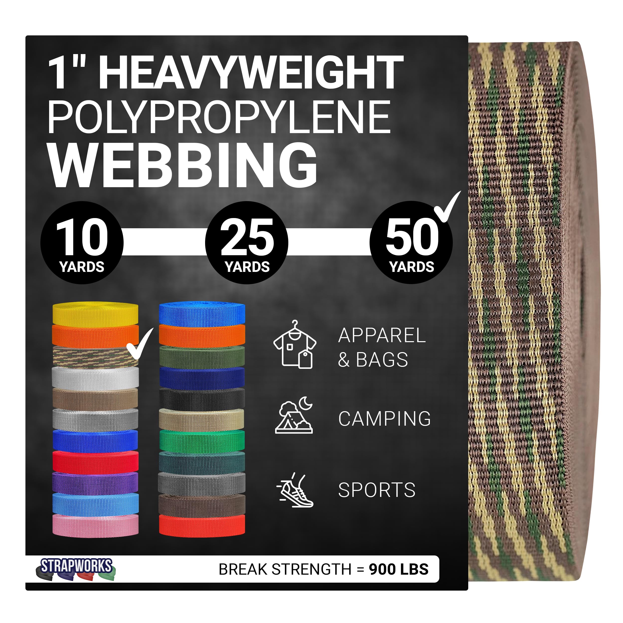 Strapworks Heavyweight Polypropylene Webbing - Heavy Duty Poly Strapping for Outdoor DIY Gear Repair, 1 Inch x 50 Yards - Woodland Camo