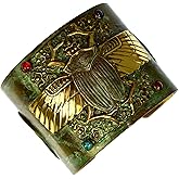 Elaine Coyne Collectible Artwear - Carnelian, Turquoise, Scarab, Navy Onyx Bracelet for Women, Handmade Egyptian Motif Wide Cuff Bracelet, Patina Solid Brass Wrist Carnelian Bracelet, 2-Inch Wide Cuff