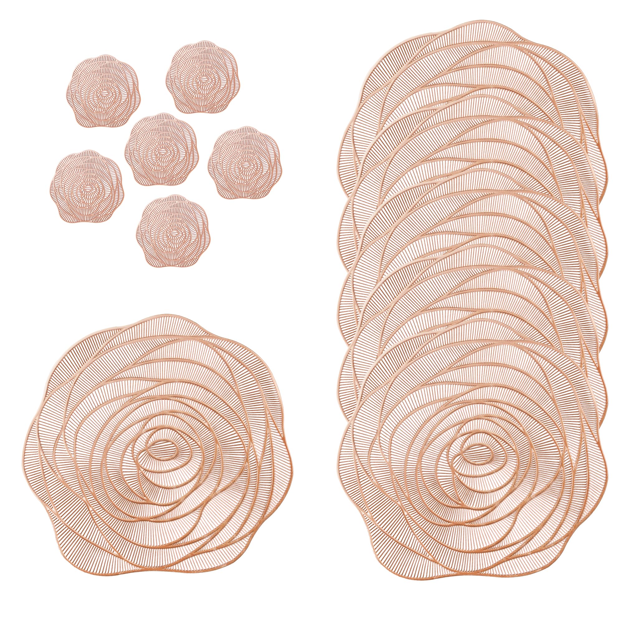 fanquare Rose Placemats and Coaster Sets 6 Rose Gold PVC Woven Placemats Hollow-out Gold Flower Table Mats Heat Resistant Washable Non-Slip Tablemats for Dining Kitchen Table Wedding Decoration 38cm