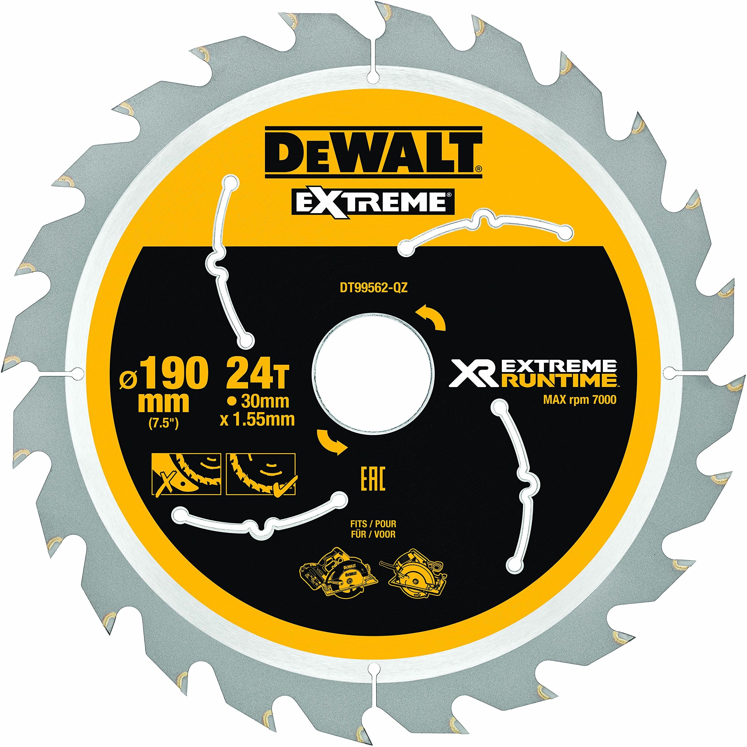 DEWALT DT99562-QZ XR Extreme Runtime Circular Saw Blade 190mm x 30mm x 24T, 240 V, Yellow/Black