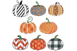 Kirako 8Pcs Pumpkin Iron on Patches Fall Thanksgiving Buffalo Plaid Leopard Stripe Dot Sew on Repair Embroidered Applique Autumn Harvest Halloween DIY Craft Accessories Gifts for Clothing Backpack Hat