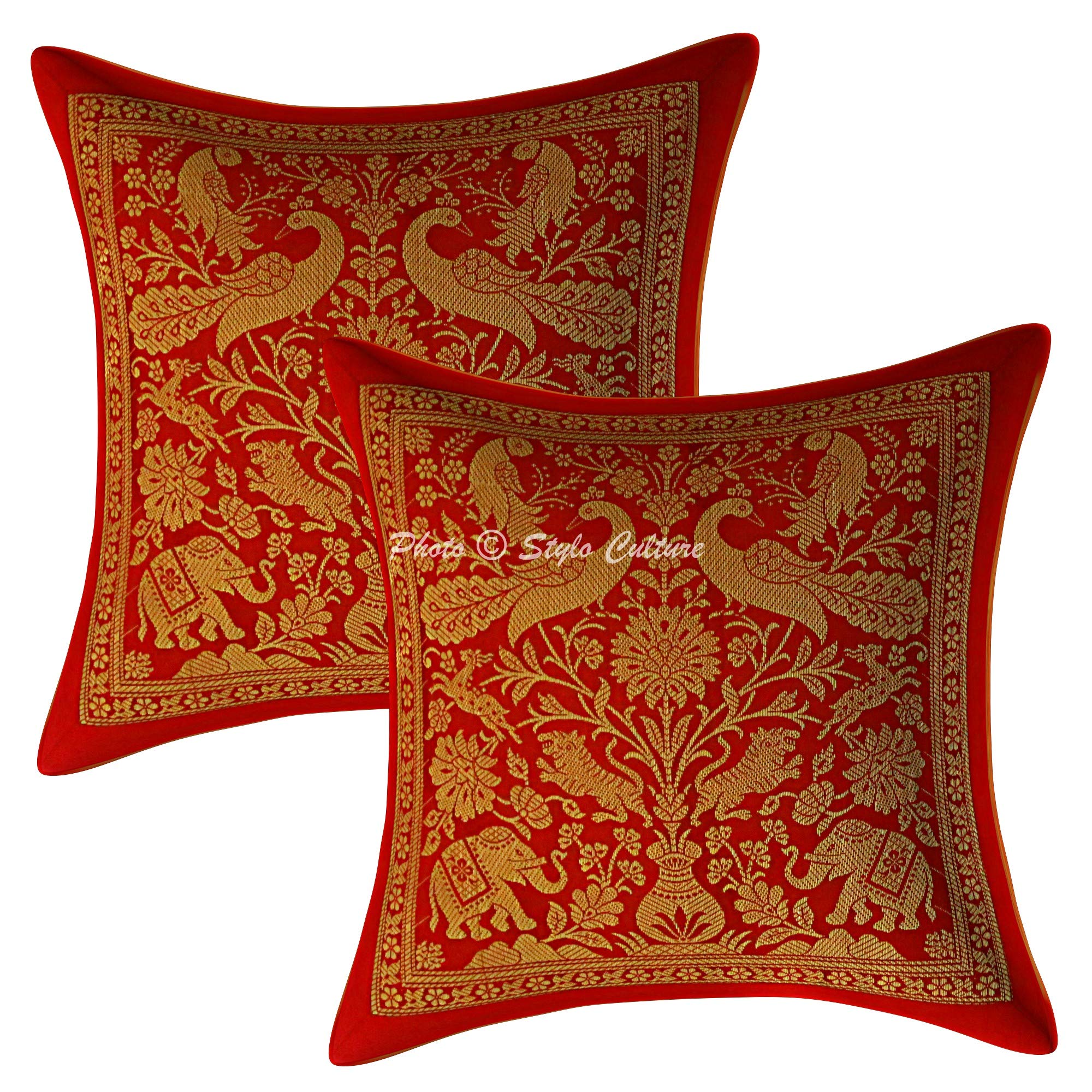 Stylo Culture Indian Brocade Sofa Couch Cushion Covers 30 x 30 cm Red Gold Elephant 12x12 Inch Jacquard Square Couch Lounge Peacock Throw Pillow Cases - (Set Of 2 Pcs)
