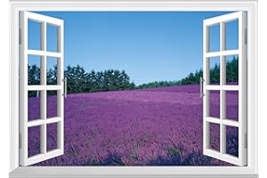 FLFK Fake Window Wall Sticker - Lavender Flower Sea Faux Window Wall Mural for Wall Decor, Stick and Peel Wall Decals,24"x16"