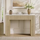 MECHYIN 47" Console Table, Fluted Sofa Table with Sturdy Construction, Small Curved Entryway Table for Entrance, Behind The Couch, Hallway, Living Room, Foyer（Faux Marble White+Natural）